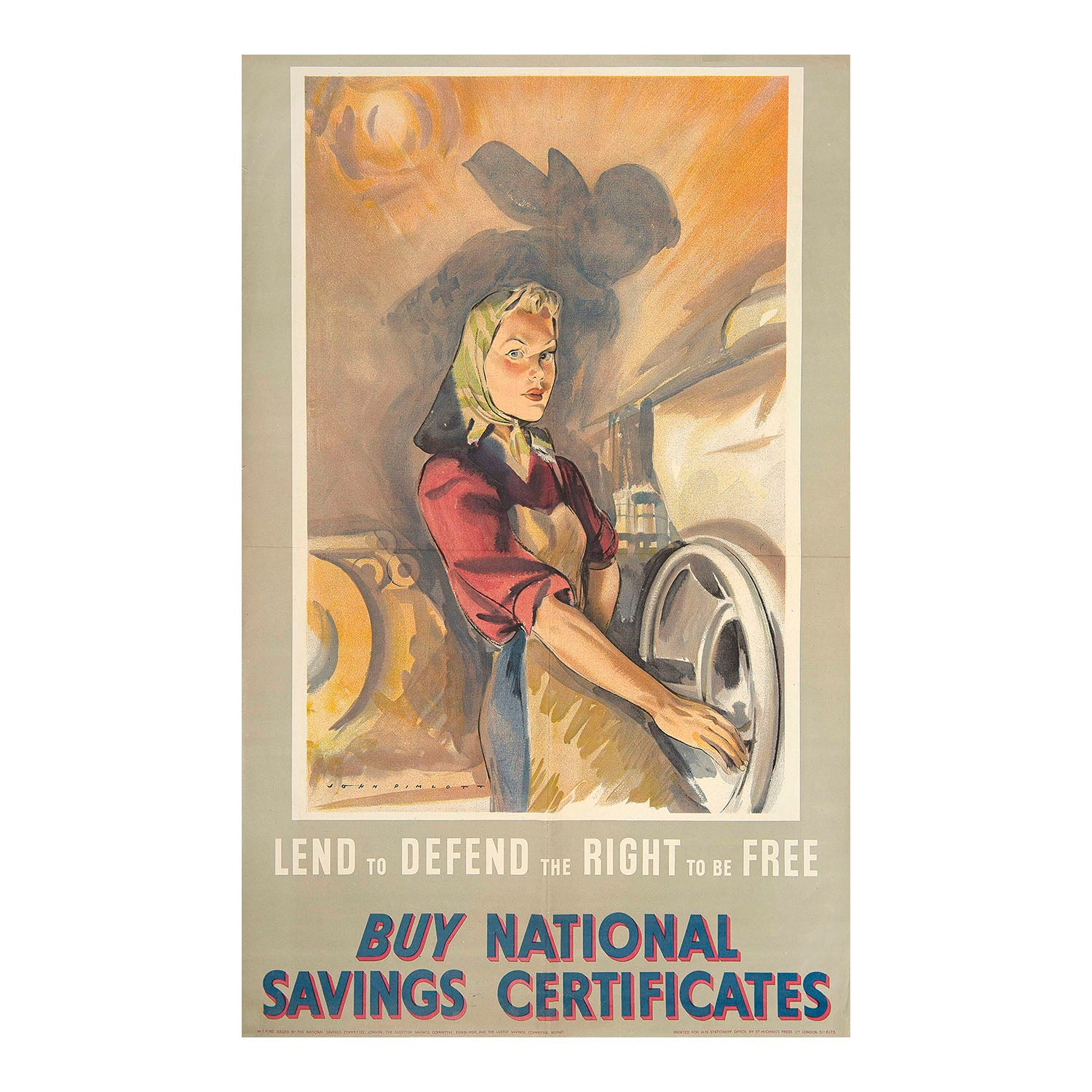 Second World War poster, Lend to Defend the Right to be Free, Buy Defence Bonds, designed by John Pimlott for the National Savings Committee. The image of a female factory worker is cleverly linked with the shadow of a Red Cross nurse to make a visual connection between the Home Front and those on active service.