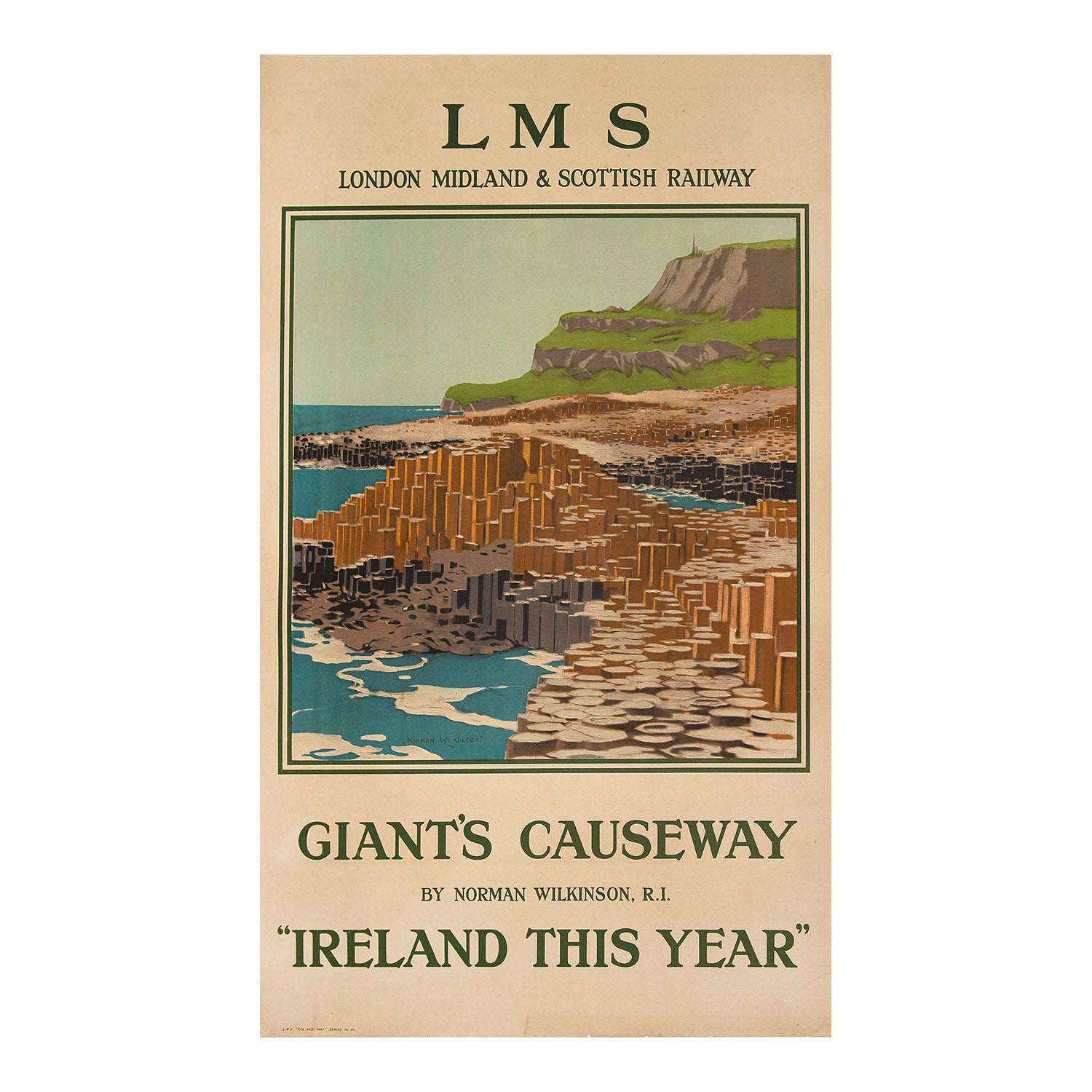 travel poster, The Giant's Causeway, Ireland for Holidays, by Norman Wilkinson CBE RI, c. 1927. Published by the London Midland & Scottish Railway as part of the company’s ‘The Best Way’ poster series. The design depicts the Giants Causeway rock formation on the coast of County Antrim, with green cliffs behind