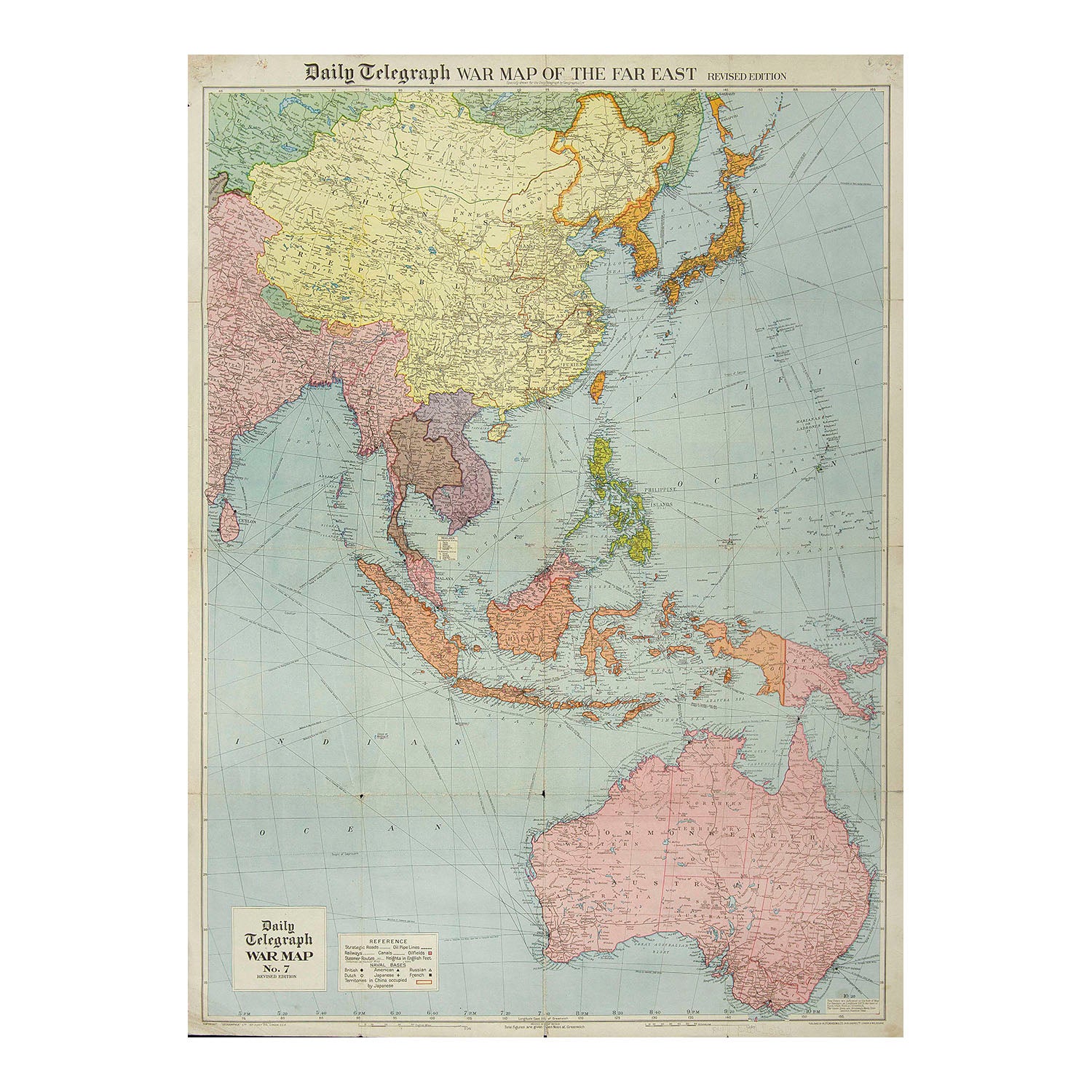Original folding Second World War map, issued by the Daily Telegraph, depicting the theatre of war in China, Asia and the Pacific (including Australia), c. 1940/41. The map shows strategic roads, railways and canals, steamer routes, oilfields and pipe lines, and naval bases held by the combatants.