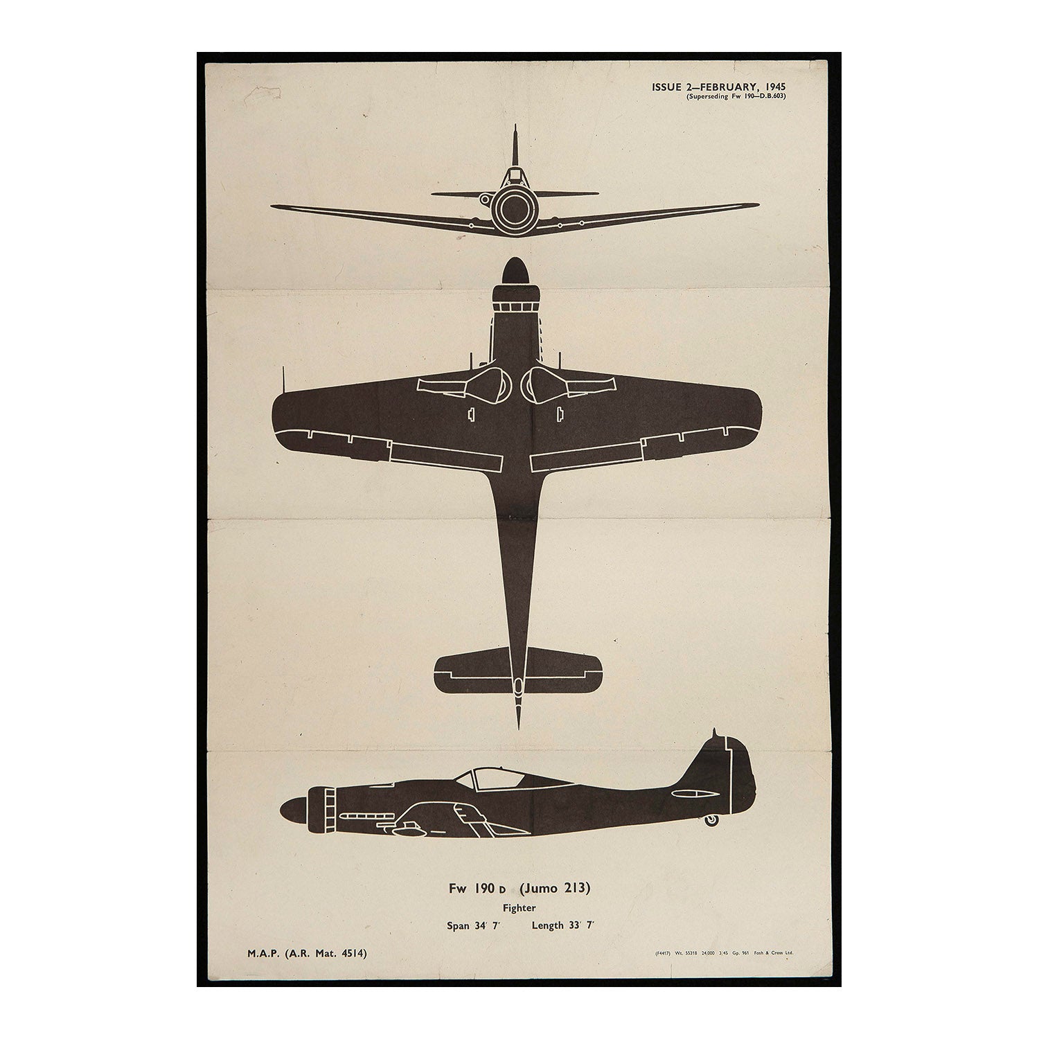 An original Second World War Aircraft Identification (silhouette) Drawing of a Luftwaffe Junkers Jumo 213 Fighter, 1945.