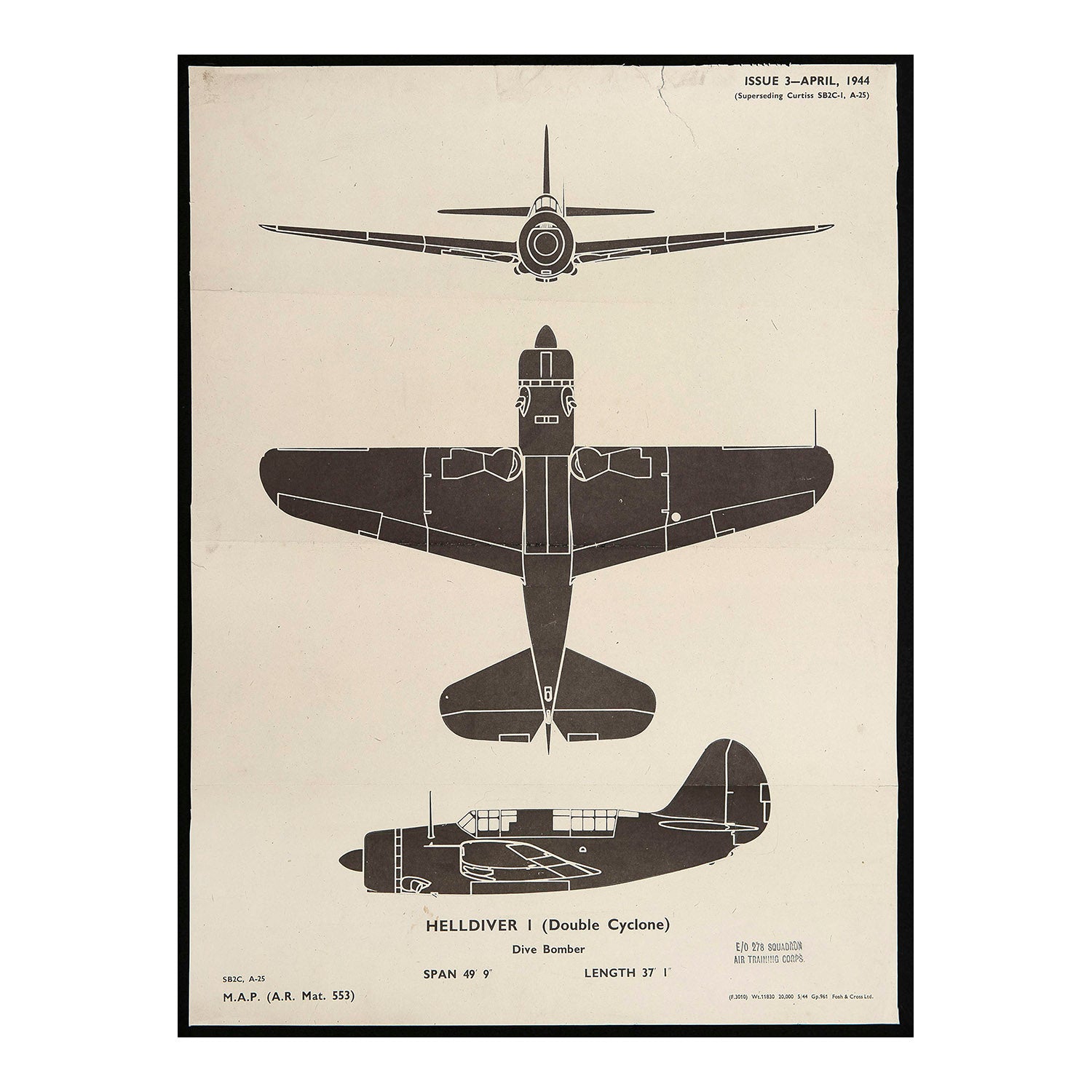 An original Second World War Aircraft Identification (silhouette) Drawing of a Helldiver I (Double Cyclone) Dive Bomber. This is the larger sized ‘poster’ version 1944