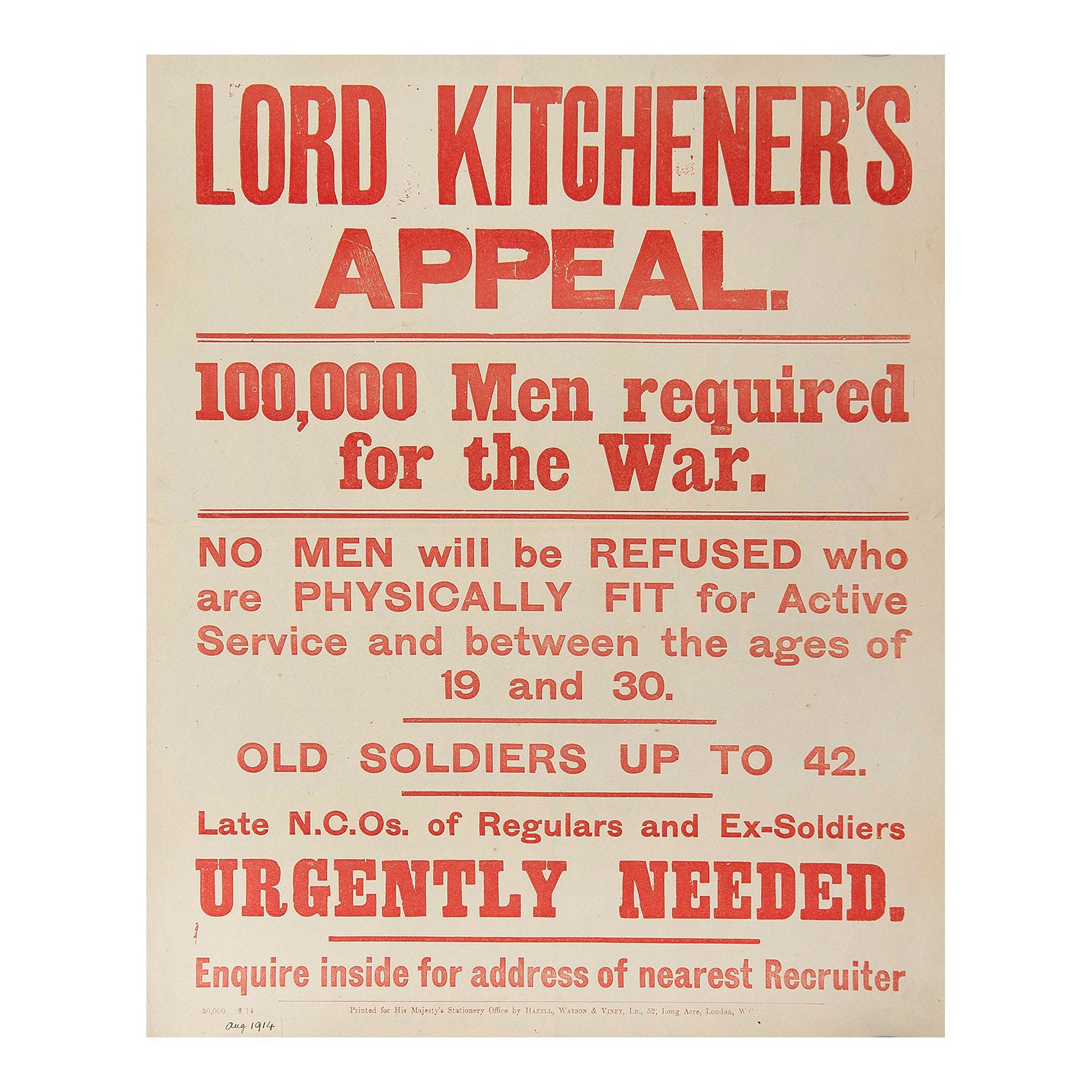 An historically significant First World War recruiting poster, Lord Kitchener’s Appeal, August 1914.