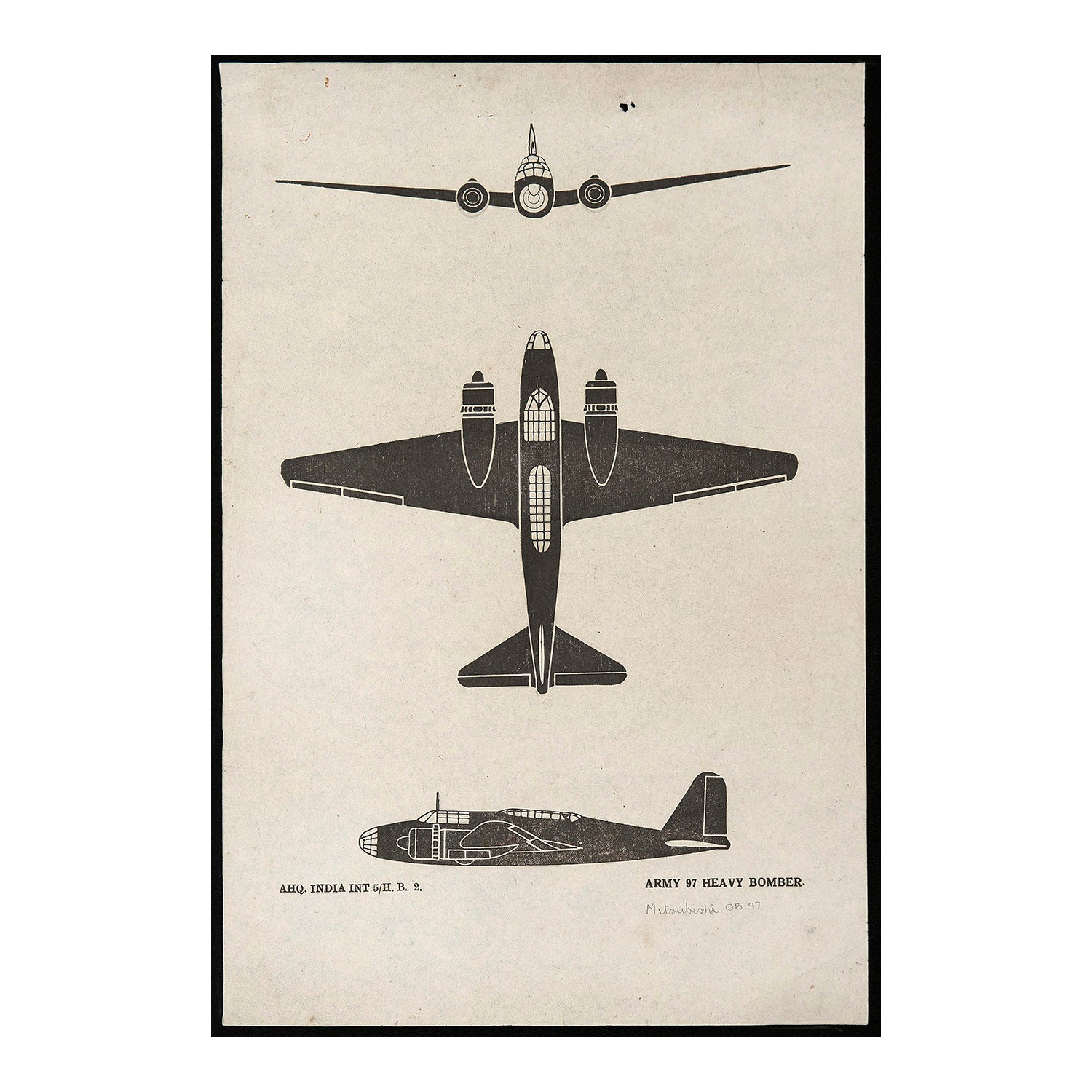 An original Second World War Aircraft Identification (silhouette) Drawing of a Japanese Type 97 Heavy Bomber