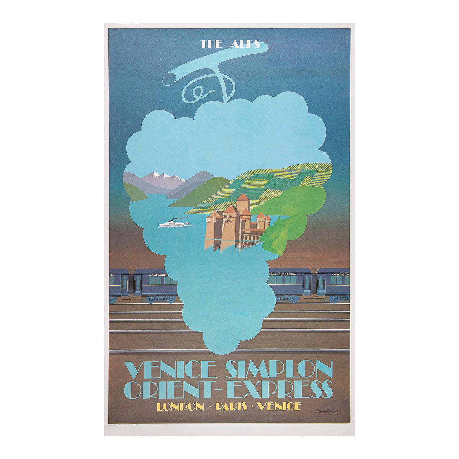 An original Art Deco inspired travel poster, The Alps, designed by Pierre Fix-Masseau (1905-1994) for the re-launch of the Venice Simplon Orient Express in 1982