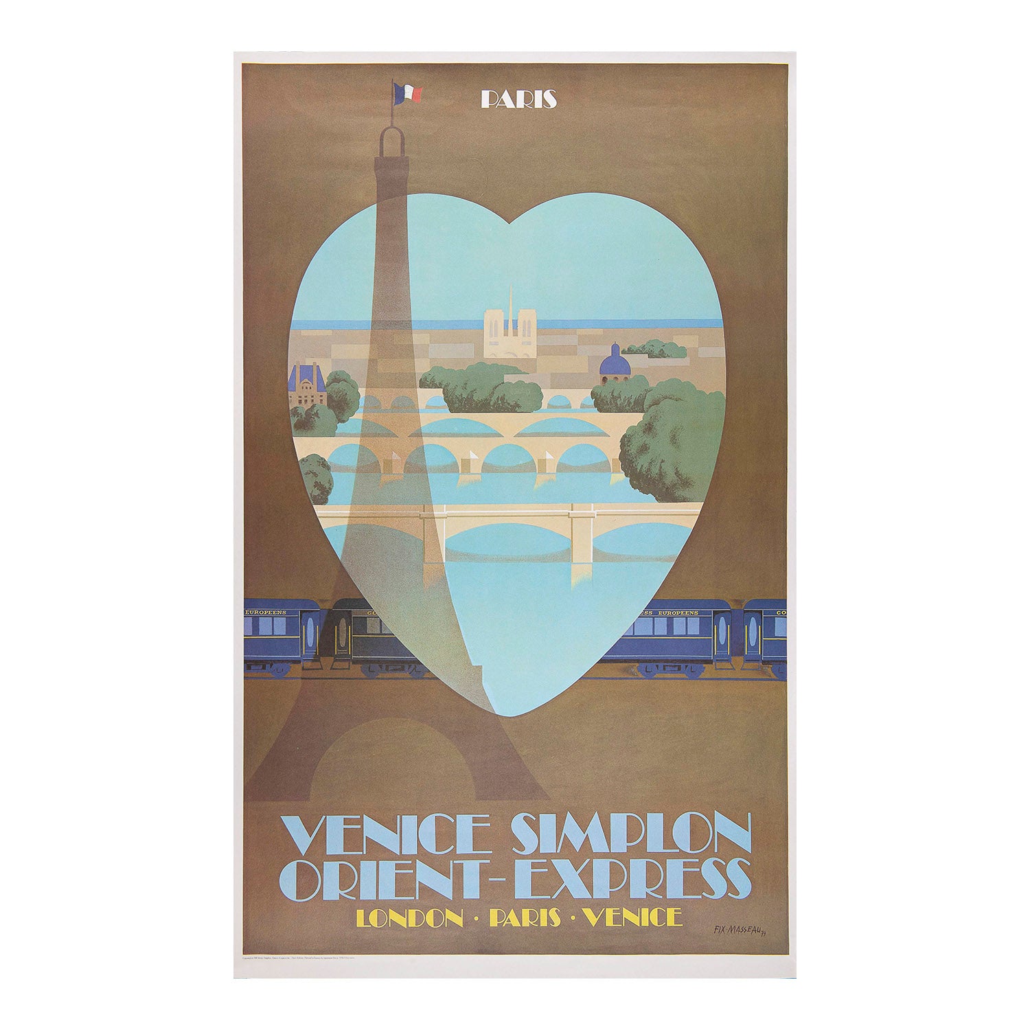 An original Art Deco inspired travel poster, Paris, designed by Pierre Fix-Masseau (1905-1994) for the re-launch of the Venice Simplon Orient Express in 1982.