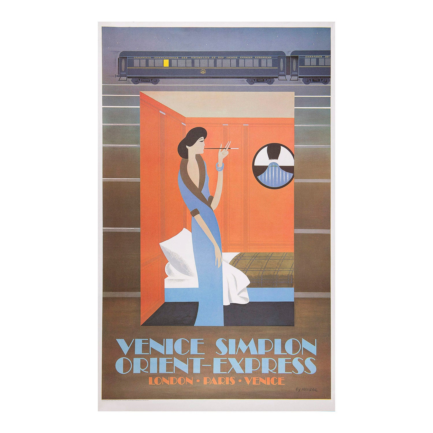 An original Art Deco inspired travel poster, Sleeping Car, designed by Pierre Fix-Masseau (1905-1994) for the re-launch of the Venice Simplon Orient Express in 1982