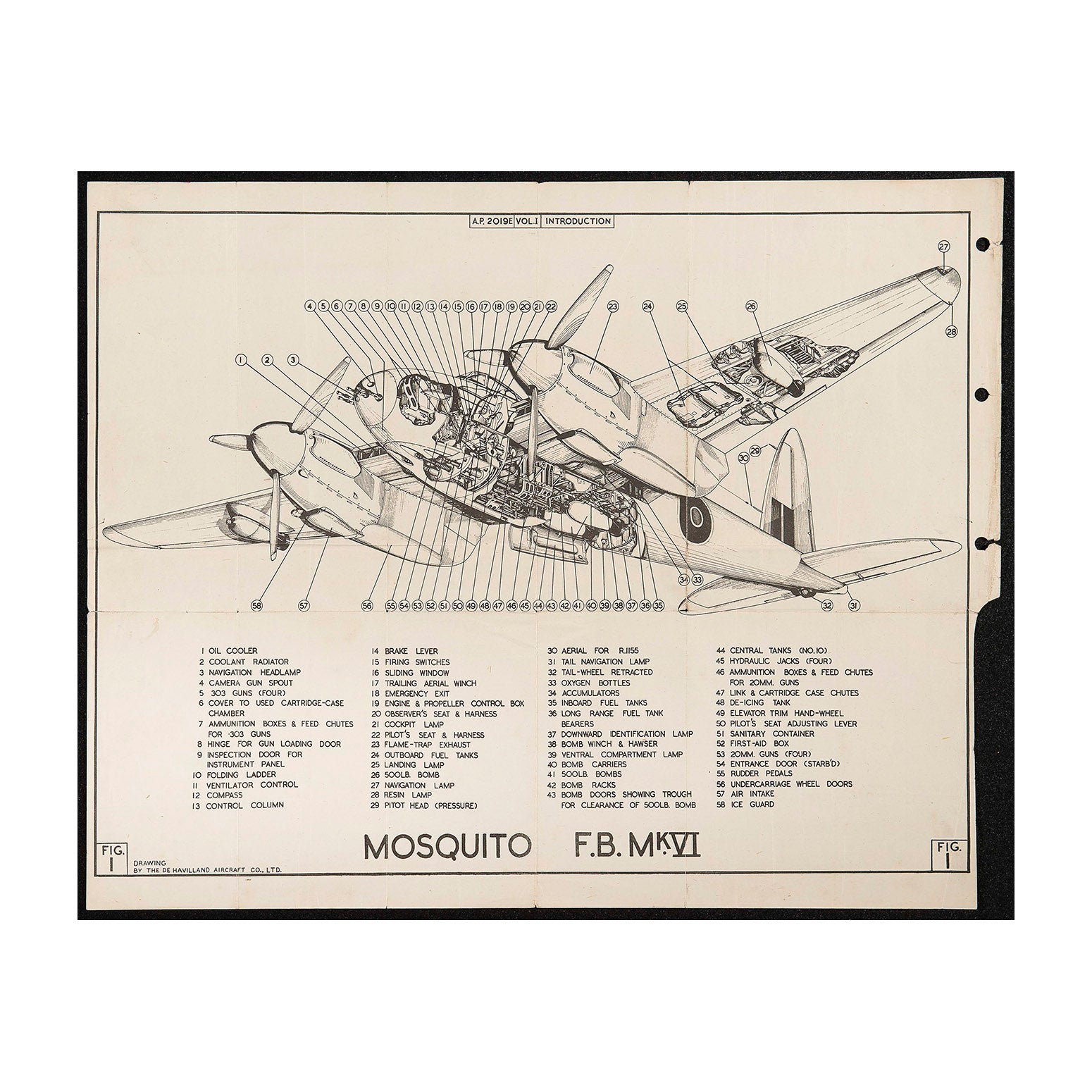 An original Second World War Aircraft Identification General Arrangements Drawing of an RAF Mosquito F.B Mk VI, 1944