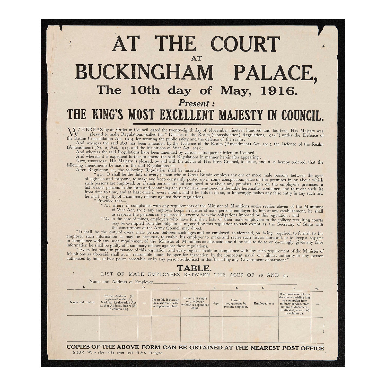An original First World War notice regarding changes to the Defence of the Realm Act 1914, published on 10 May 1916. The changes obliged employees to display a list of all male employees ‘between ages 18 and 41’