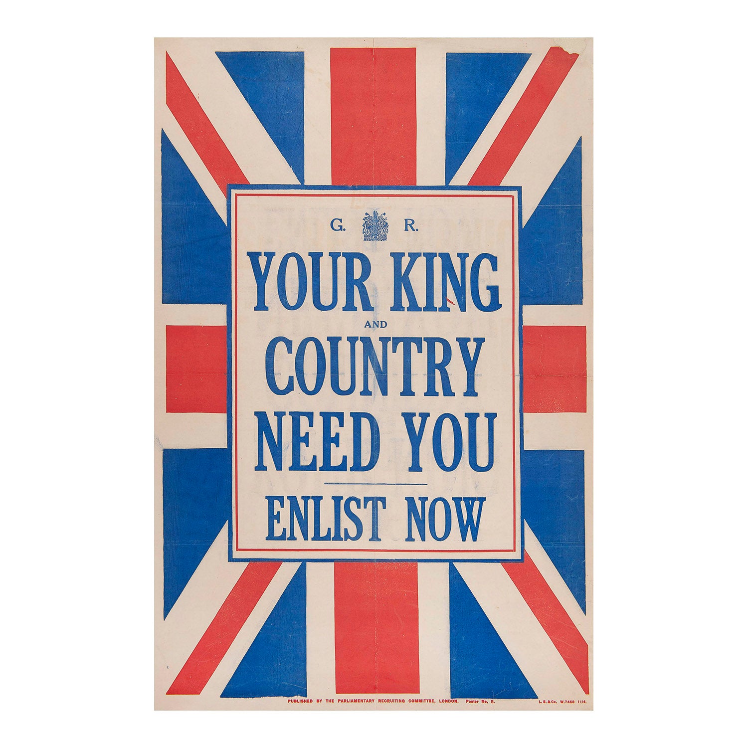 Original First World War recruiting poster, Your King and Country Need You, 1914.