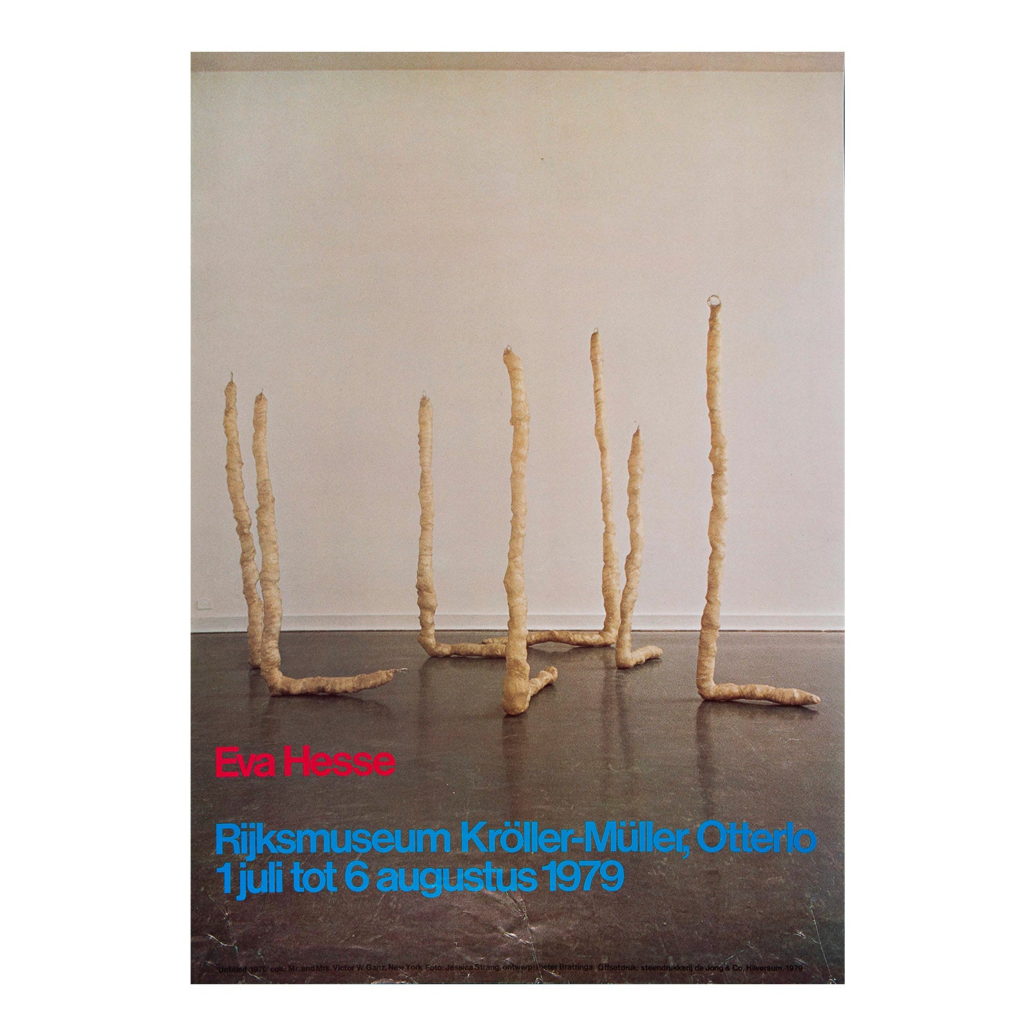 An original art exhibition poster, Eva Hesse, Rijksmuseum, Amsterdam, 1979. The design features an untitled work by Hesse (1970) from the collection of Victor Ganz
