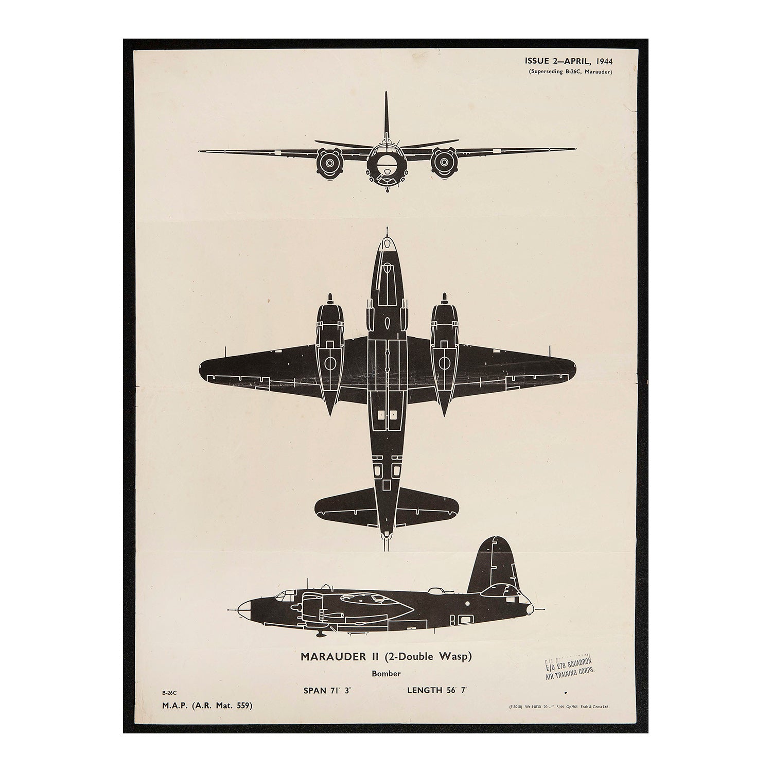 An original Second World War Aircraft Identification (silhouette) Drawing of a Marauder II (4-Double Wasp) Bomber. This is the larger sized ‘poster’ version