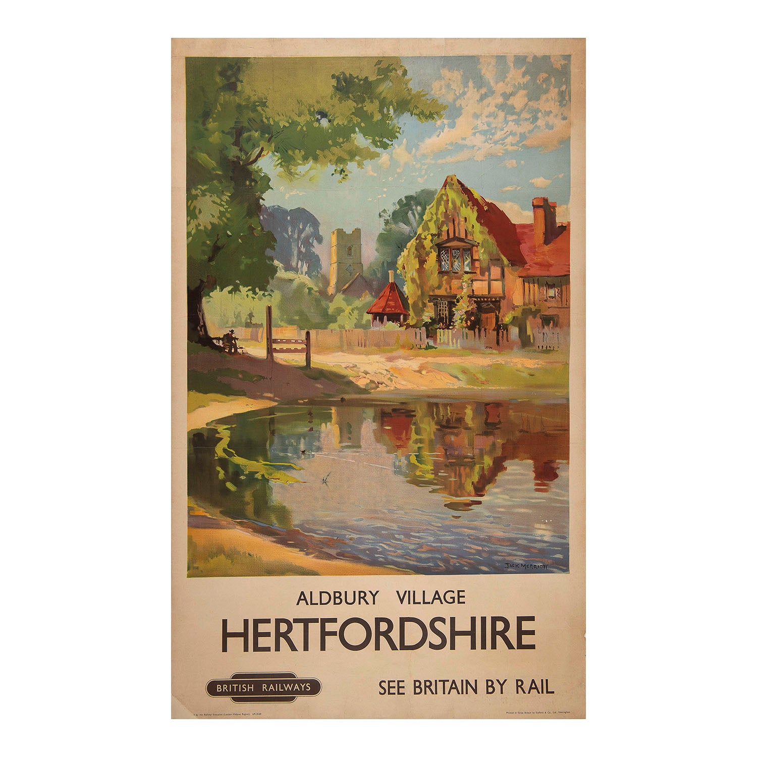 travel poster, Aldbury Village, Hertfordshire, painted by the noted British poster artist Jack Merriott and published by British Railways in 1949 as part of the company’s See Britain by Train publicity campaign. A lovely post-war image, typical of Merriott’s work. A slightly sinister note is introduced by the inclusion of the ancient whipping post and stocks (under the tree) in an otherwise bucolic depiction of English country life!