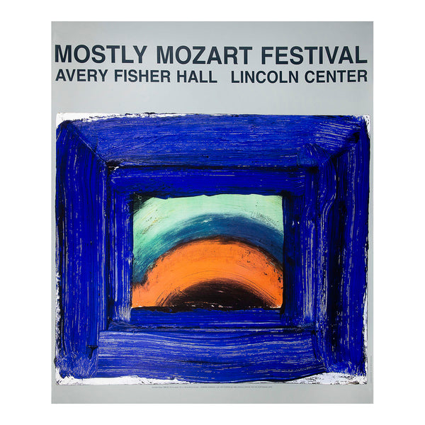 poster for the Mostly Mozart Festival at the Avery Fisher Hall, Lincoln Center for the Performing Arts, New York, 1989. Created by the British painter and printmaker Howard Hodgkin and printed in a limited edition of 1500 by the fine art printers G&B Arts.
The design features Venetian Glass 1984-86 which was also printed as a limited-edition screen print (without text) by G&B Arts at the same time