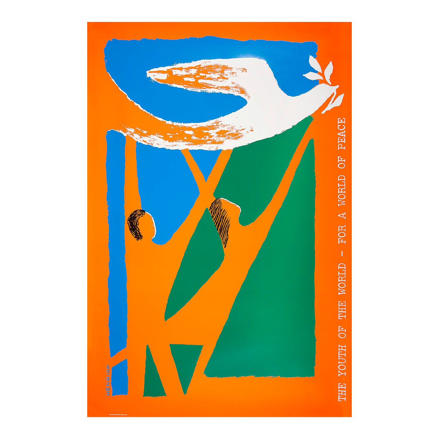 An original promotional poster, The Youth of the World – For a World of Peace, designed by the noted graphic designer FHK Henrion for the International University Sports Federation World University Games (formerly the Universiade), 1987.