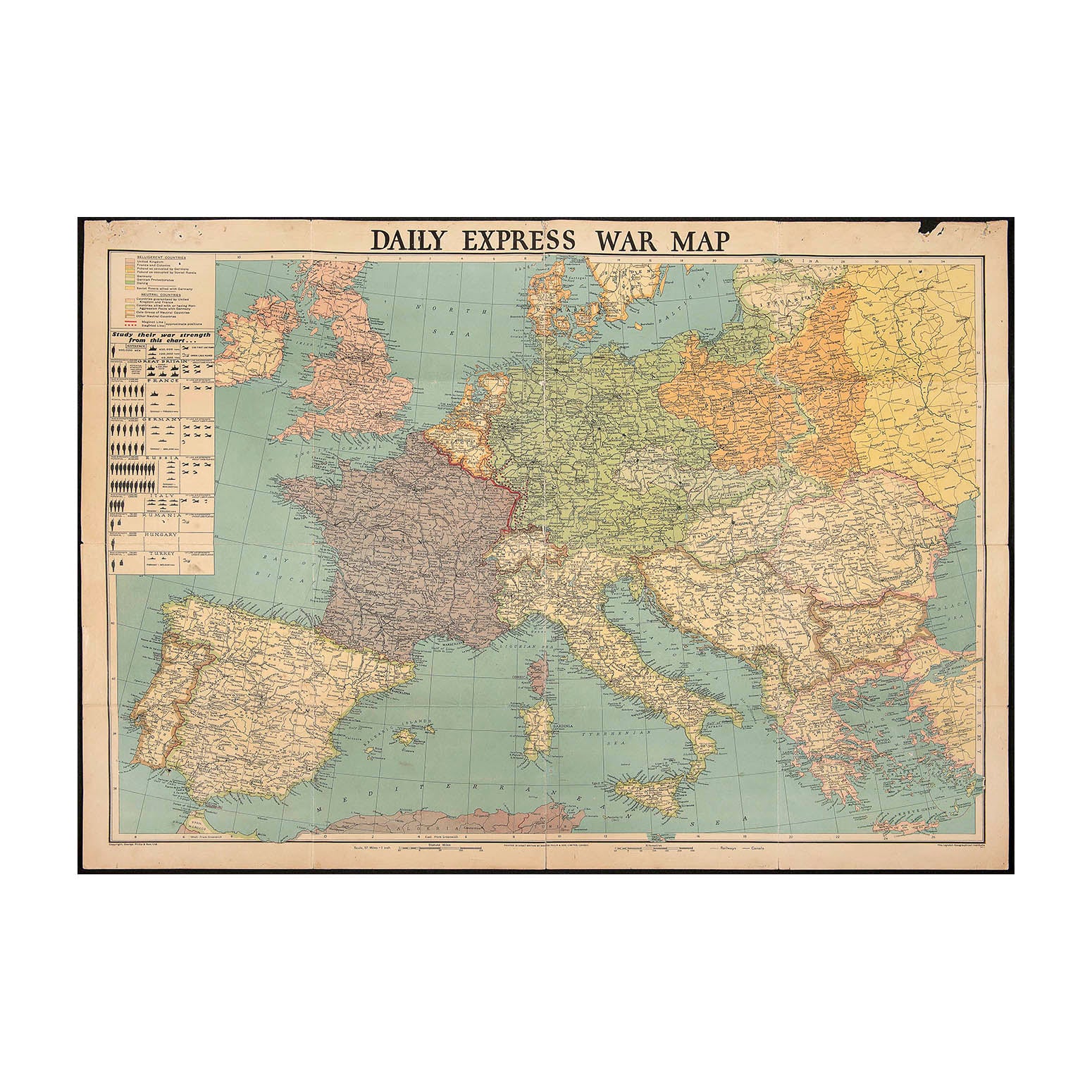 Original folding Second World War map, issued by the Daily Express depicting the theatre of war in Europe , c. 1939/40. The map shows the 'Belligerent' and 'Neutral' countries, where Soviet Russia is indicated as 'allied with Germany'. Italy is not shown as one of the combatant nations at this time. The map also includes the military and naval strength of the principal countries, and depicts the strategic Maginot and Siegfried defensive lines