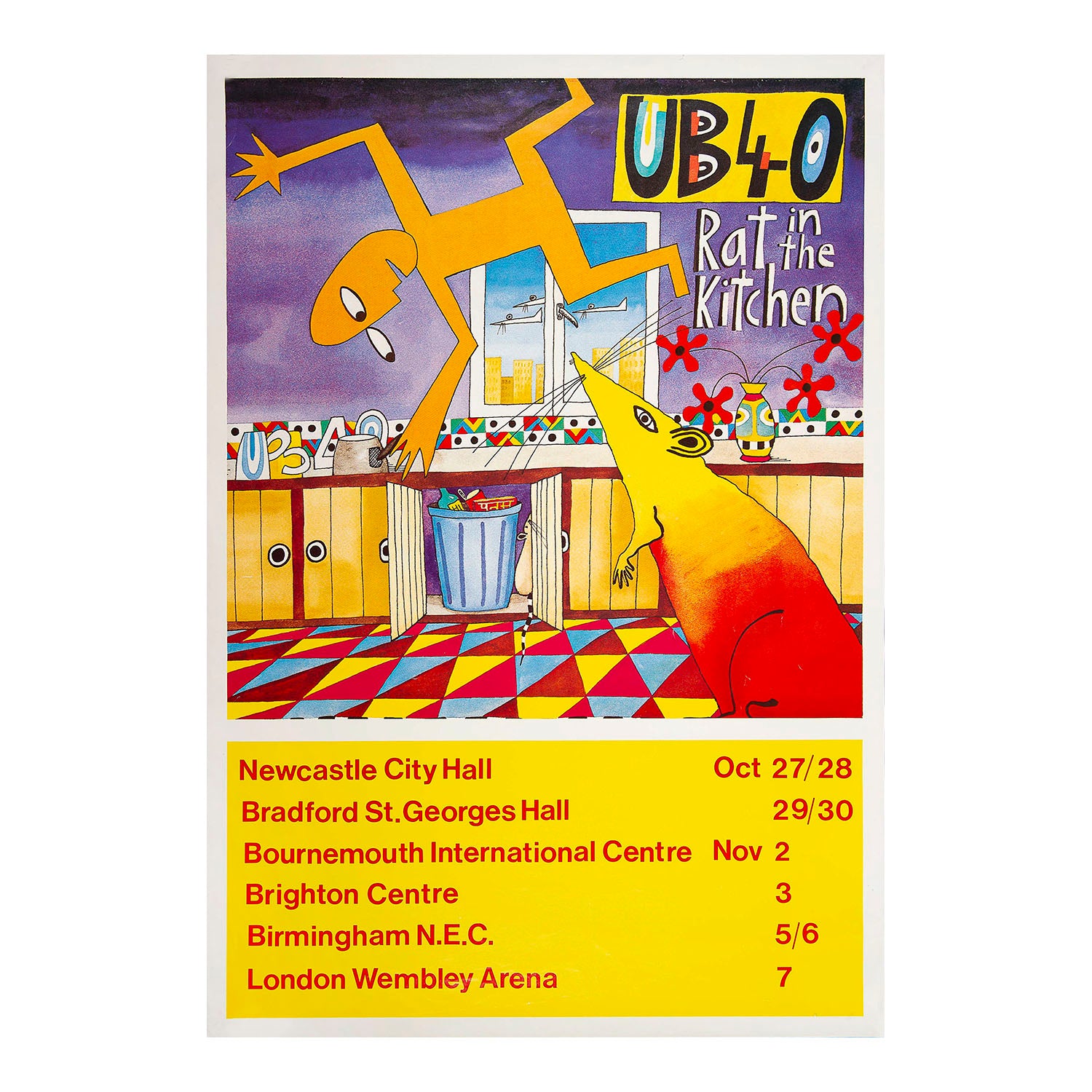 Original, and rare, tour poster to promote Rat in the Kitchen, the seventh album by UB40, released in July 1986. The design features the album artwork with tour dates below.