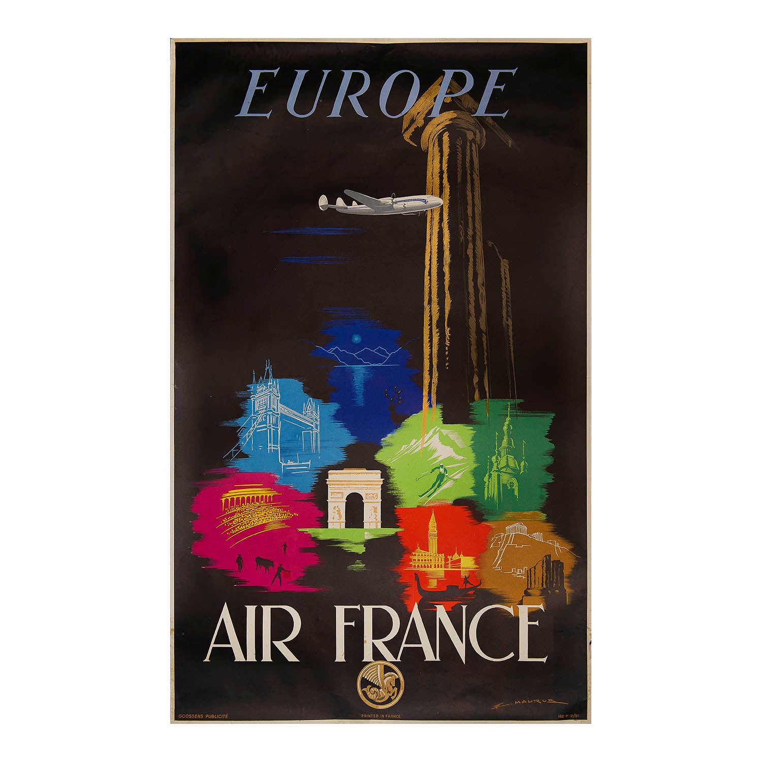 Air France poster ‘Europe’, designed by Edmond Maurus and printed in 1948. The vibrant design depicts some of Europe’s most famous landmarks, including London Bridge, the Arc de Triomphe de l'Étoile, the Doge’s Palace (Venice), the Acropolis of Athens, Alpine skiing, and the Scandinavian fjords.
