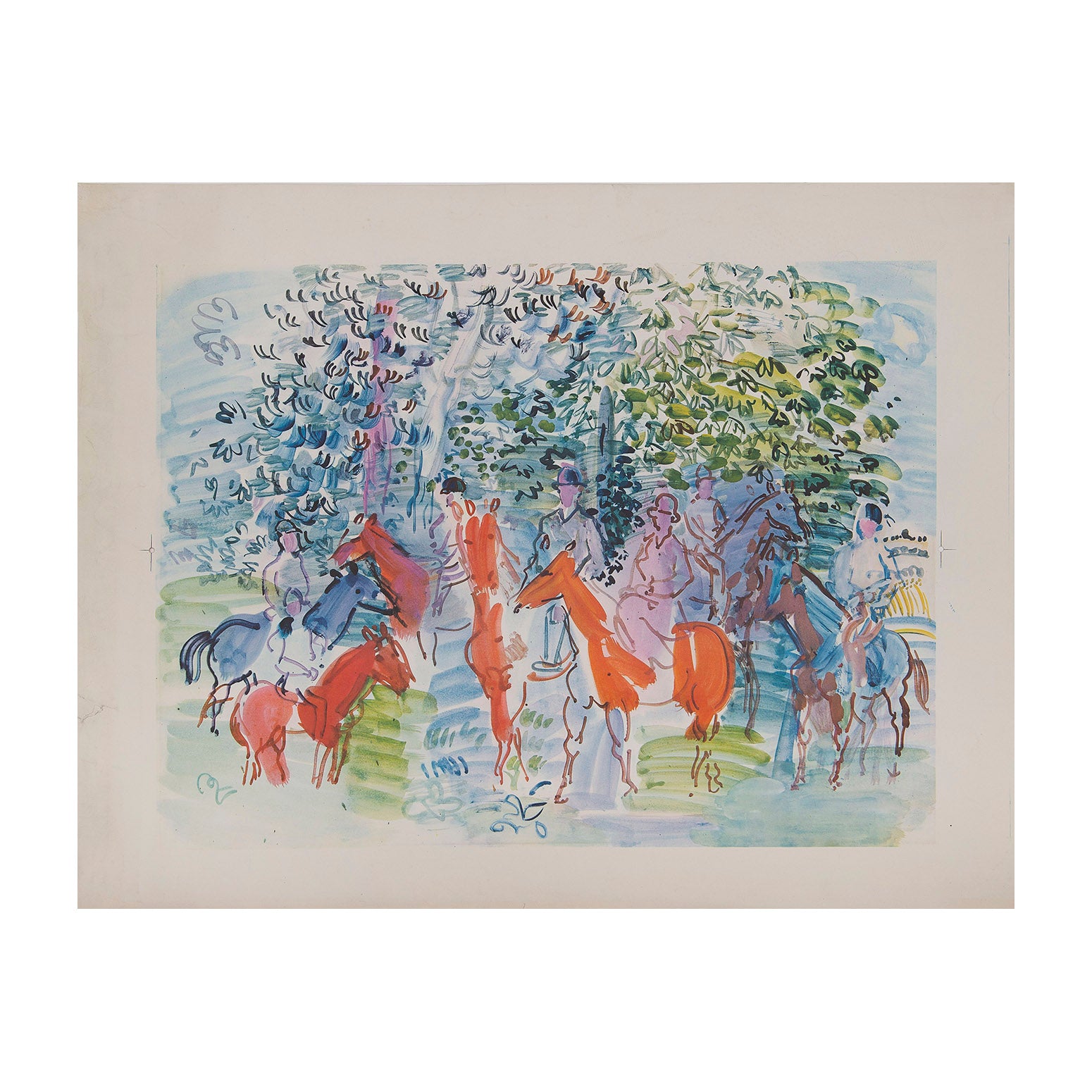 An original 1950s print, The Kessler Family on Horseback, by Raoul Dufy. Printed by the Curwen Press.