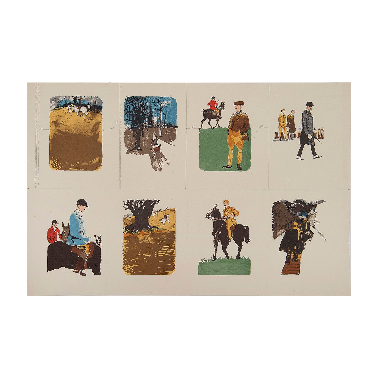 sheet of eight lithographs by Paul Hogarth RA for the 1977 Limited Editions Club edition of Memoirs of a Foxhunting Man (Siegfried Sassoon, 1928), printed by the Curwen Press. Superb set of illustrations reflecting Sassoon’s journey from pre-First World War country gent to military service and the trenches of France & Flander