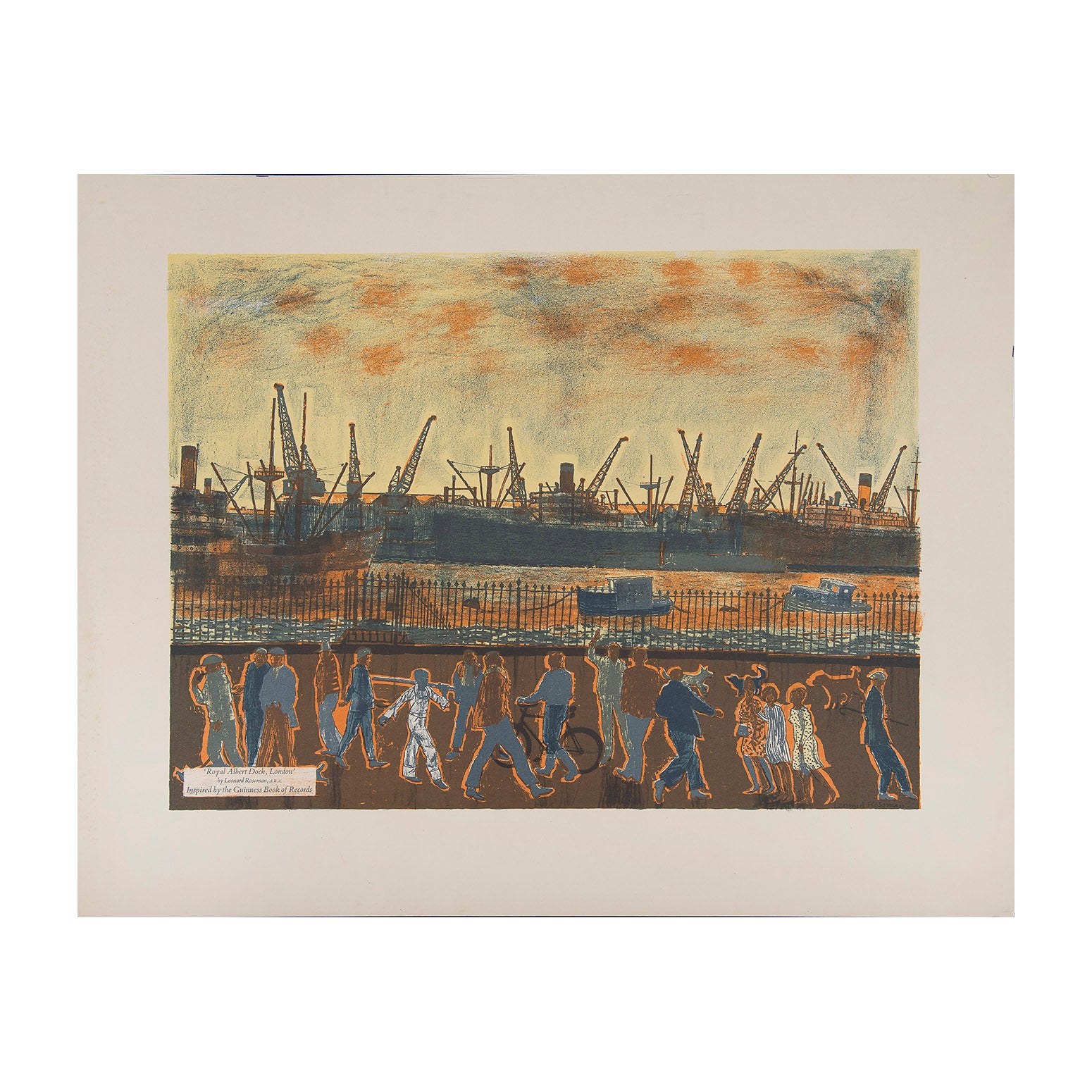 Guinness Lithograph, Royal Albert Dock, London by Leonard Rosoman, printed by the Curwen Studio and published in 1962.