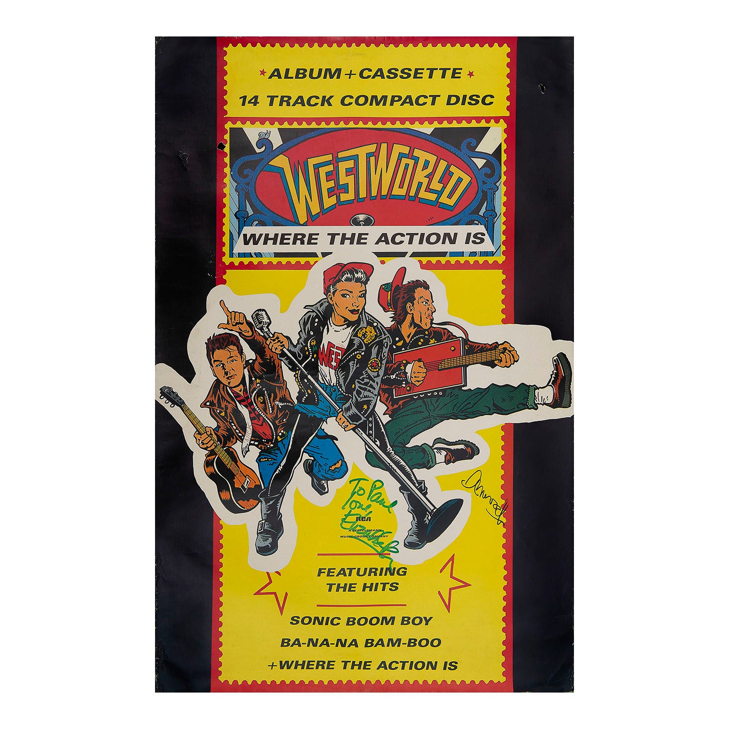 Original promotional poster, Where the Action Is, the first studio album by British rockabilly band Westworld, 1987. The poster has a handwritten dedication signed by American vocalist Elizabeth Westwood and guitarist Bob "Derwood" Andrews.