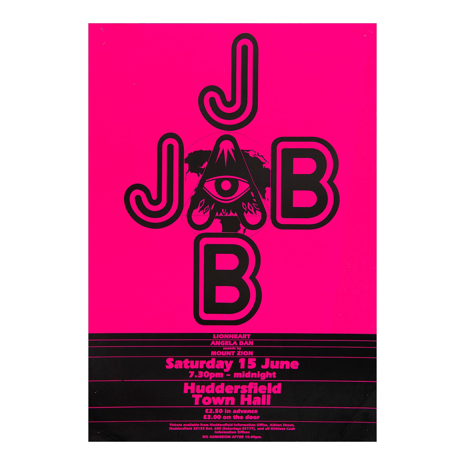 original promotional poster for the Huddersfield rock reggae band, Jab Jab live at Huddersfield Town Hall in the late 1970s.