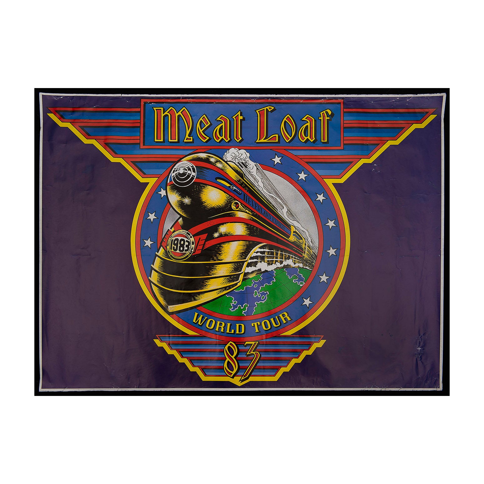 concert promotional poster for Meatloaf World Tour, 1983. The striking artwork feature a stylised steam locomotive traversing the globe. The tour promoted Midnight at the Lost and Found, the third studio album by Meat Loaf, released in April 1983.