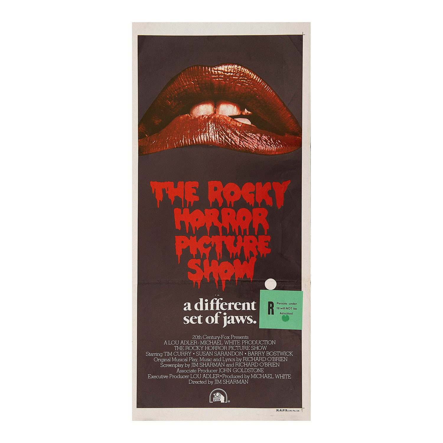 Original movie poster, Rocky Horror Picture Show, 1975. This is the Australian day-bill format which has a New Zealand green R18 ratings snipe added over the Australian rating. The design features the film’s famous red lips motif above the tagline ‘a different set of jaws’