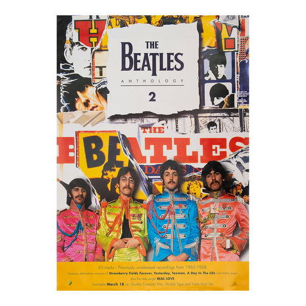 Original promotional poster for Anthology 2, a compilation album by The Beatles, released on 18 March 1996 by Apple Records. The cover design features a montage of Beatles album artwork, including Sgt Peppers Lonely Hearts Club Band