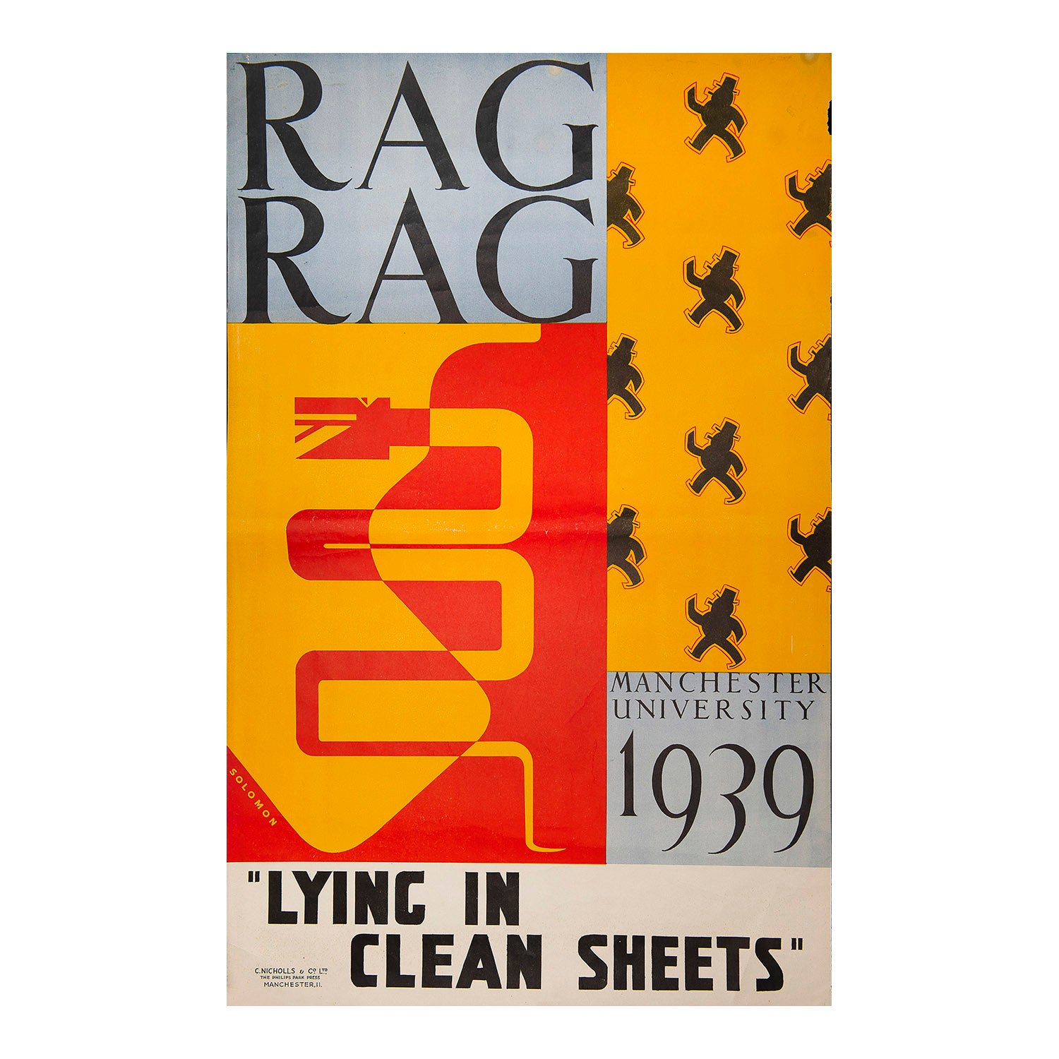 poster promoting the Manchester University Students' Union publication Rag Rag, 1939. illustration incorporates the snake  from the University's coat of arms.