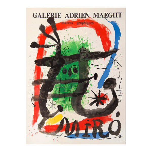exhibition poster, Galerie Adrien Maeght - œuvres graphiques, published in 1965 by Imprimerie Arte Paris. Superb exhibition poster, featuring an outstanding design by Joan Miró (1893-1983)