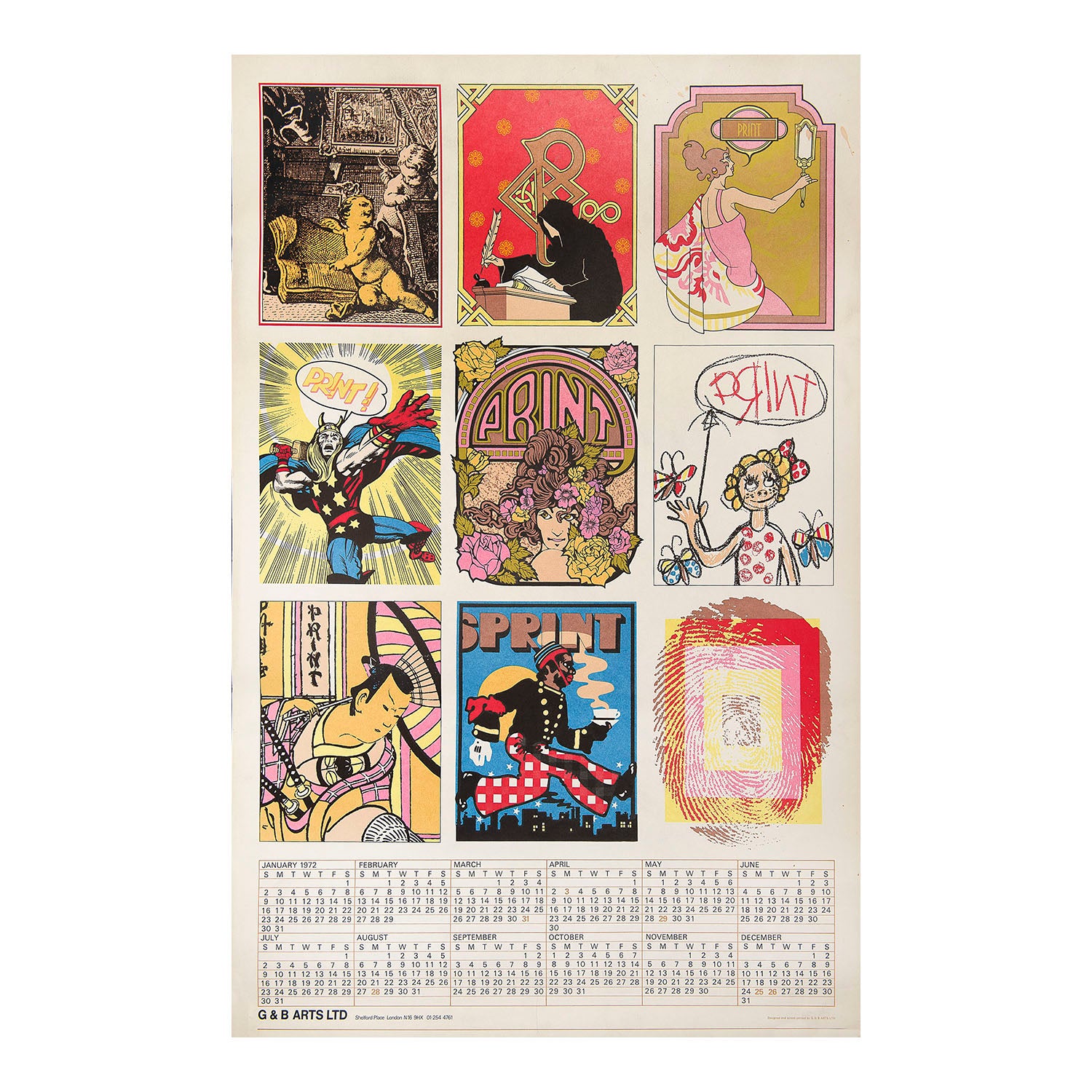 promotional poster calendar for 1972, designed and printed by G&B Arts, includes nine Pop Art inspired illustrations on the theme of ‘Print’