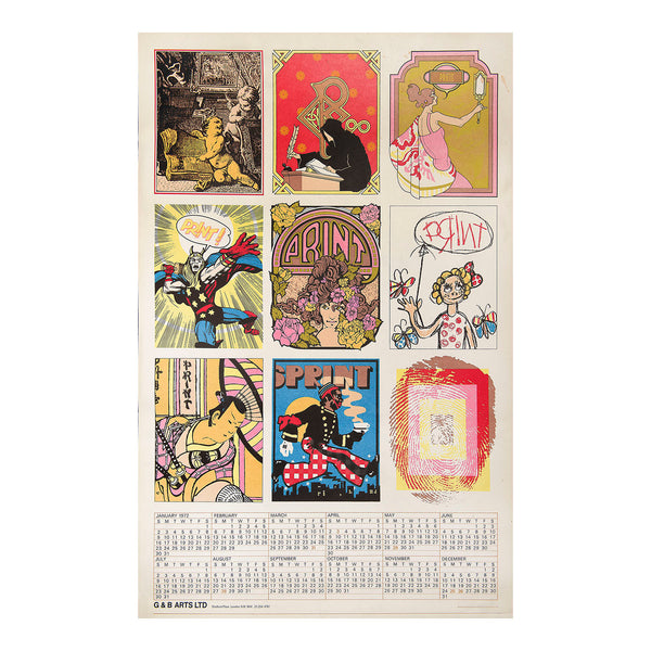 promotional poster calendar for 1972, designed and printed by G&B Arts, includes nine Pop Art inspired illustrations on the theme of ‘Print’