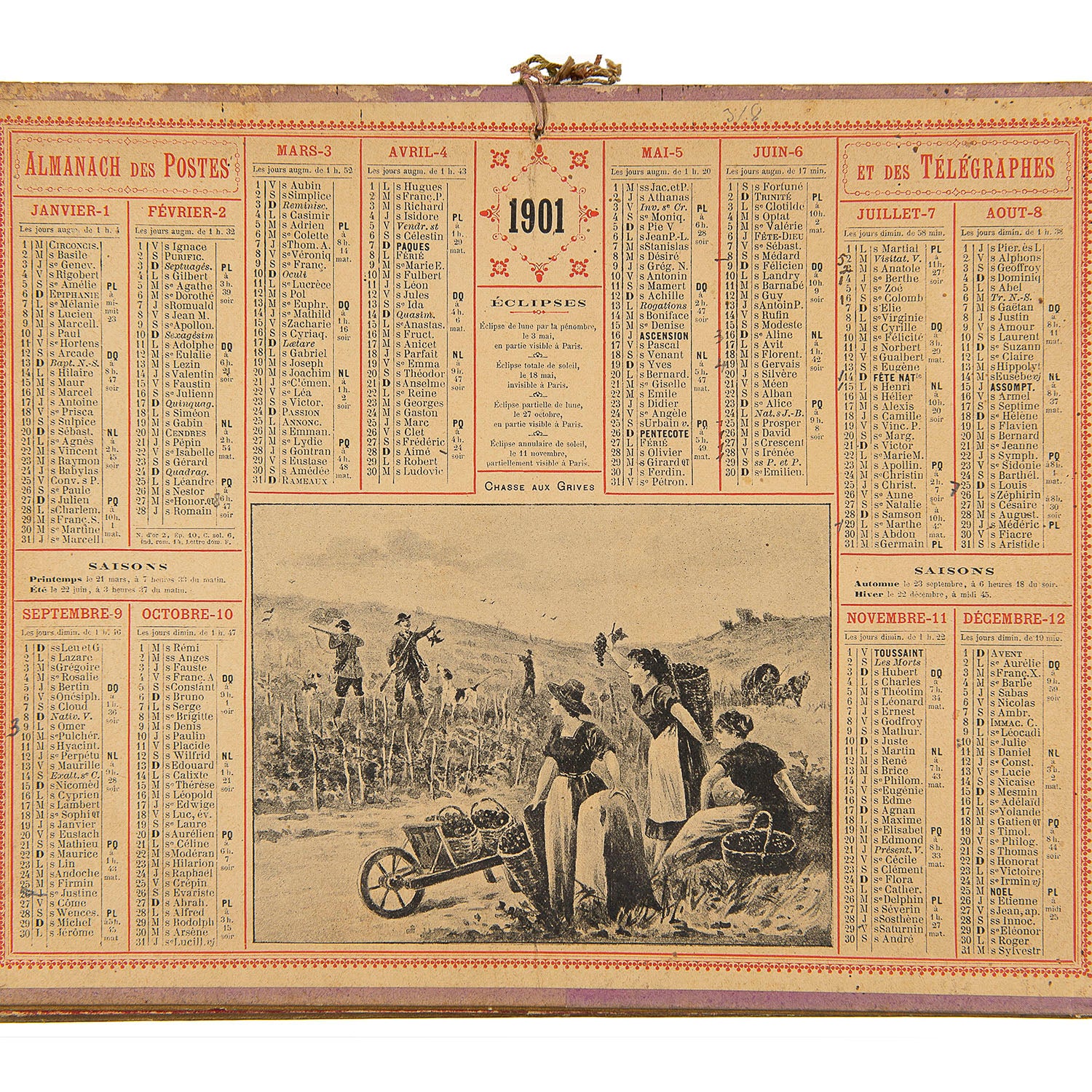 French hanging card calendar, Almanach des postes et des télégraphes, with map and other information on the reverse, 1901. The design includes a printed image entitled Chasse aux Grives, depicting grape pickers resting by a roadside with sportsmen and dogs in the background