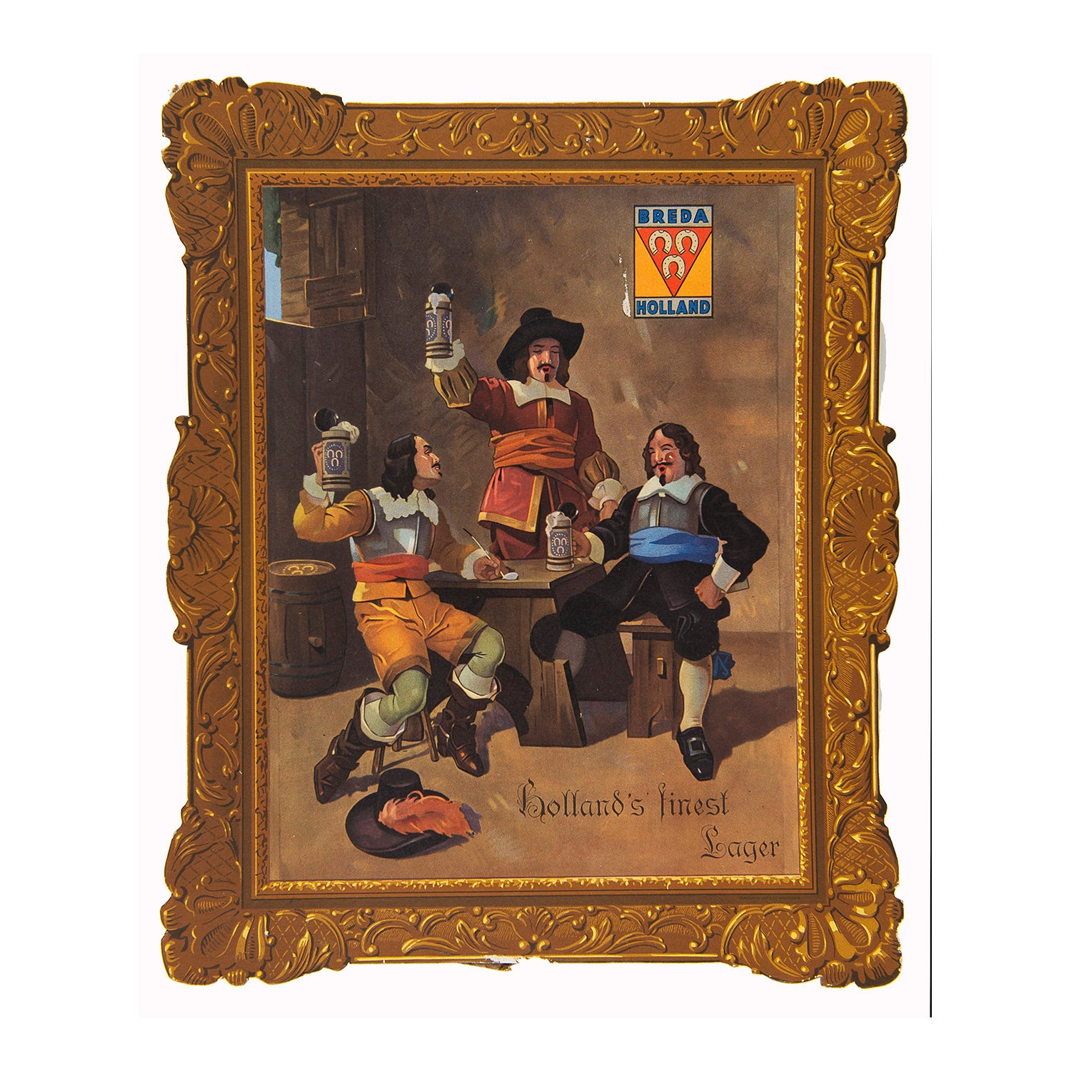 show card advertising Breda, Holland’s finest lager, c. 1950. The free-standing show card is in the form of an ornate picture frame and depicts three men in seventeenth century costume enjoying tankards of Breda lager.