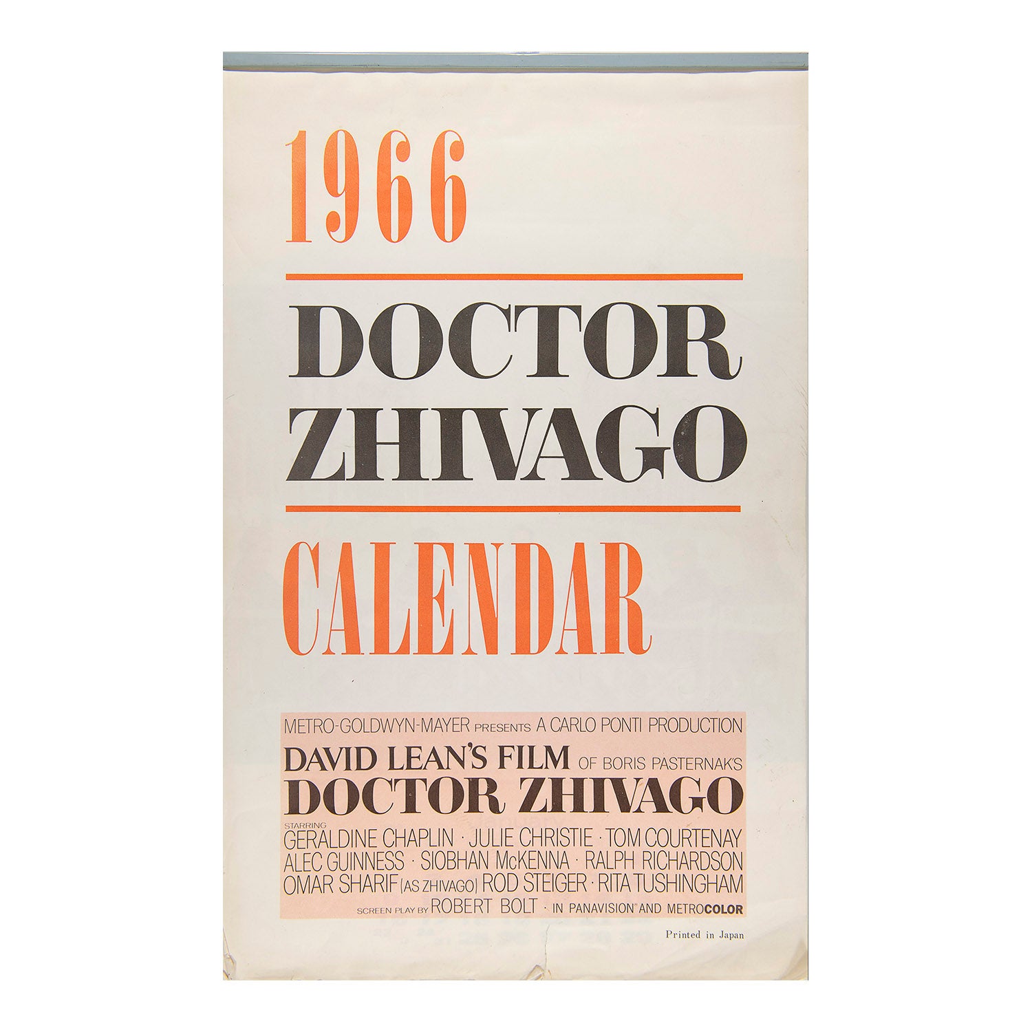 promotional calendar, Doctor Zhivago, published as an official souvenir of the 1965 film directed by David Lean with a screenplay by Robert Bolt, based on the 1957 novel by Boris Pasternak.