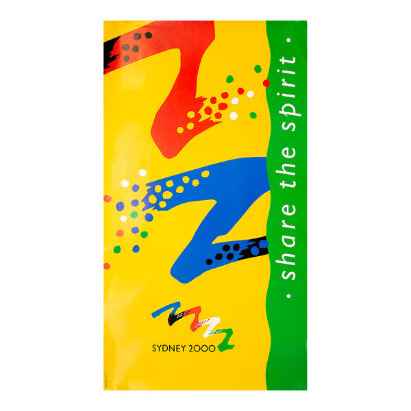 poster, Share the Spirit, published by the Sydney Bid Committee in support of Sydney’s bid to host the 2000 Olympic Games, 1990. Sydney later won the right to host the Games, which became known as the Games of the New Millennium. The design for this poster, by Michael Bryce, is based on Australian Aboriginal dot paintings