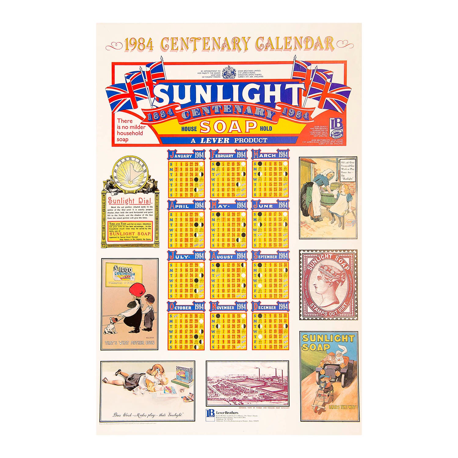 promotional poster calendar, published by Lever Brothers to mark the centenary of Sunlight Soap, 1984. The design features a montage of vintage Sunlight Soap posters and adverts from the late nineteenth and early twentieth centuries.