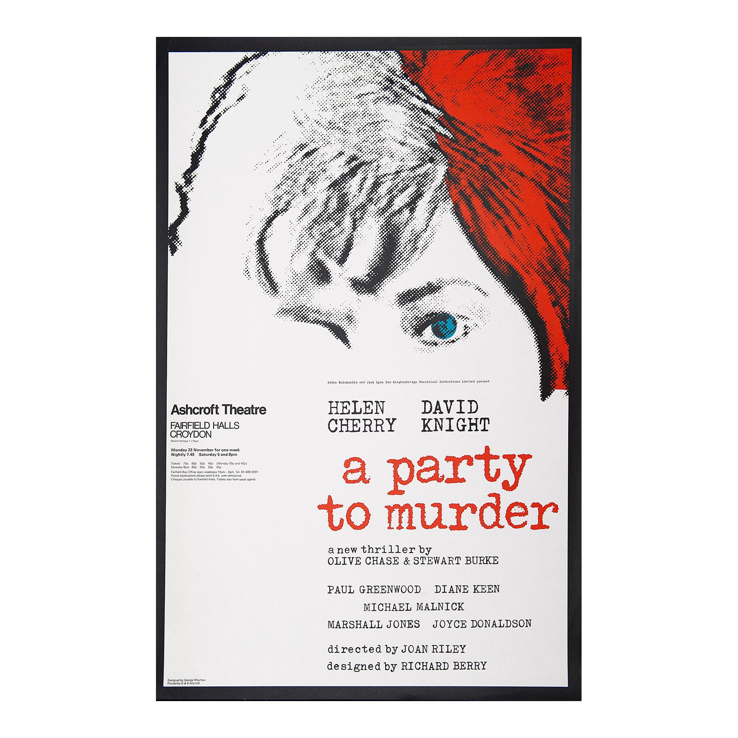 An original theatre poster for a production of A party to murder (Olive Chase & Stewart Burke), Ashcroft Theatre, 1971.