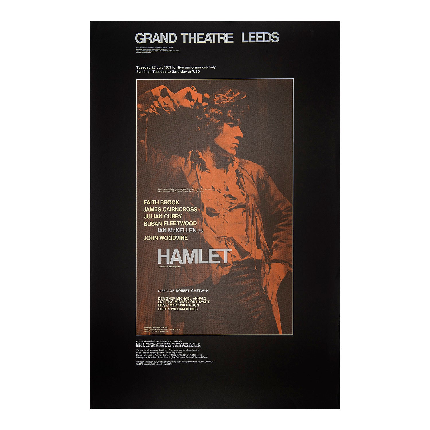 An original theatre poster for a production of Hamlet, Grand Theatre, Leeds, 1971.