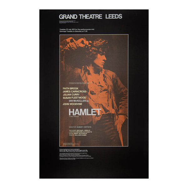 An original theatre poster for a production of Hamlet, Grand Theatre, Leeds, 1971.