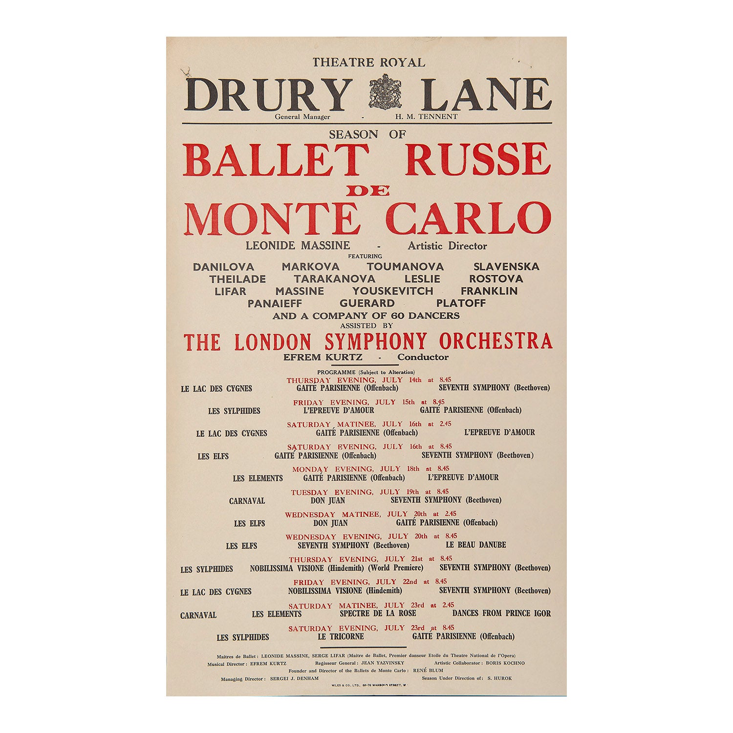A rare original pre-war poster for a performance of the Ballet Russe de Monte Carlo at the Theatre Royal, Drury Lane, 1938.