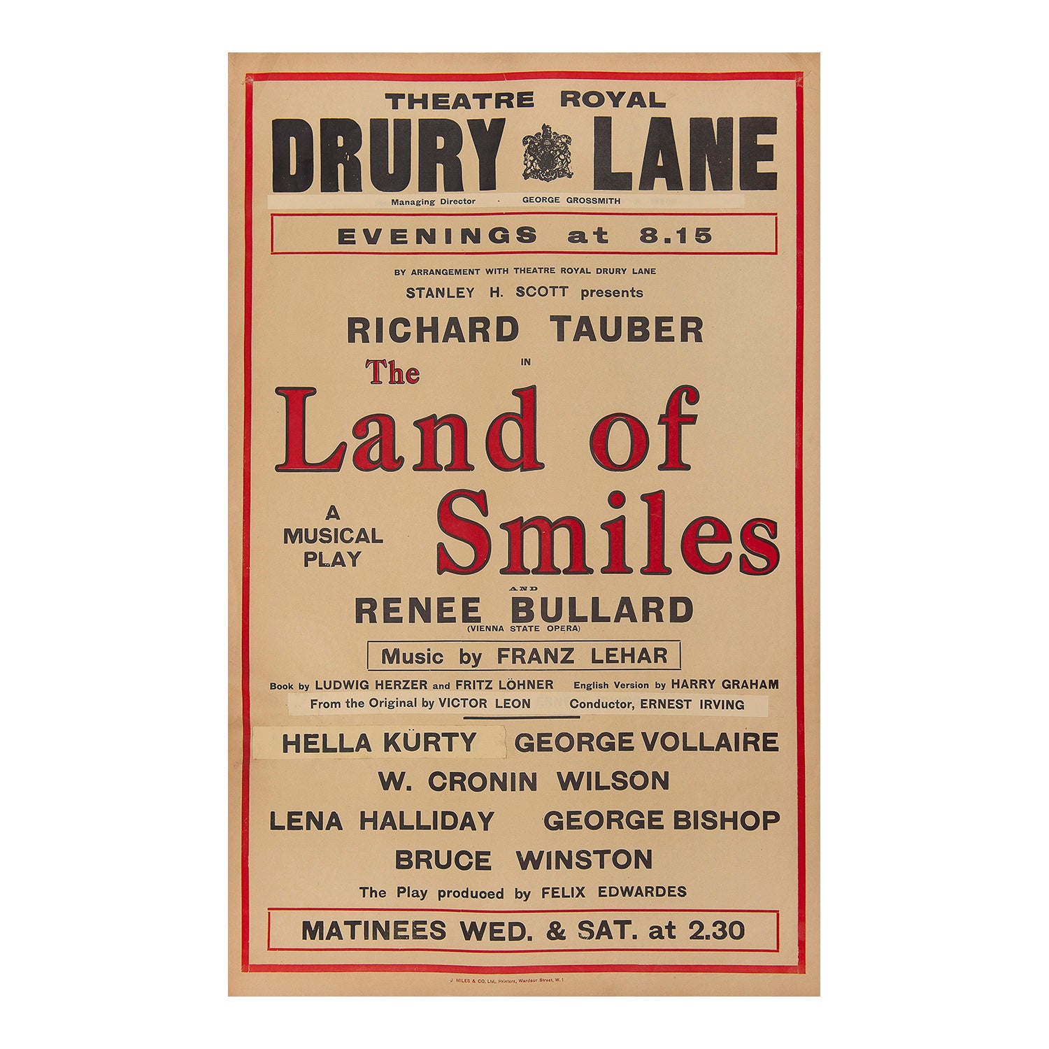 Original theatre poster for a production of Land of Smiles, Theatre Royal, Drury Lane, 1931