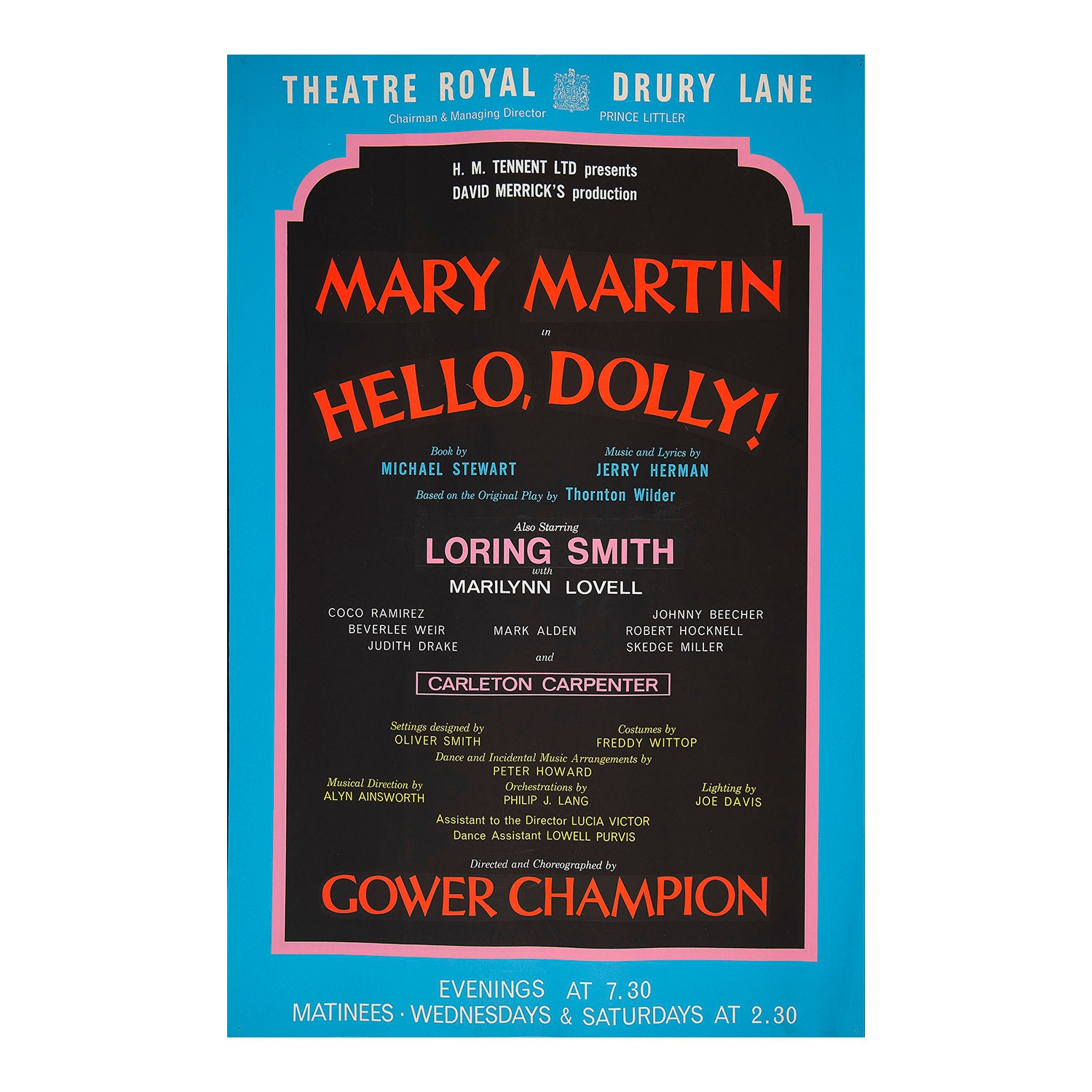 An original theatre poster for a production of Hello, Dolly! at the Theatre Royal, London, 1965.