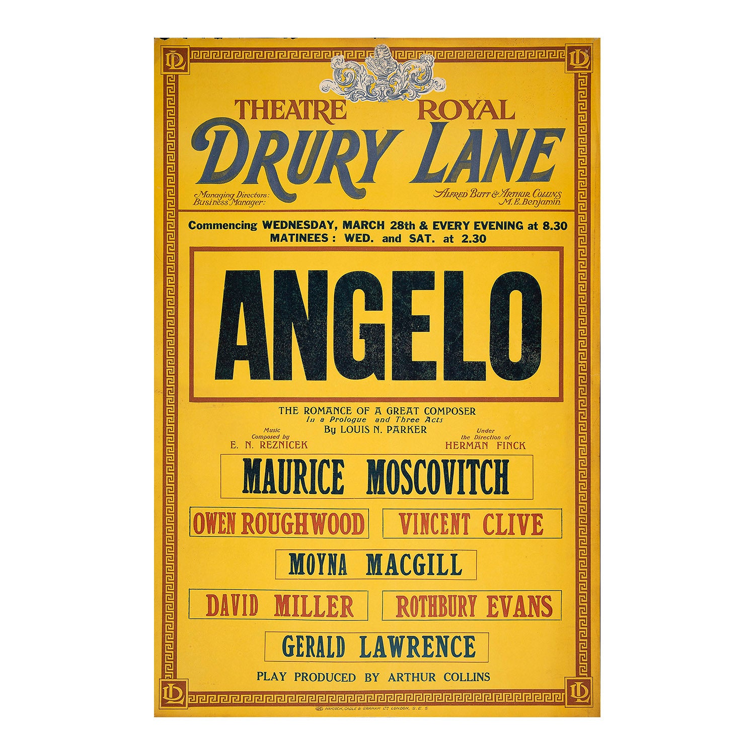 Original theatre poster for a production of Angelo: The Romance of a Great Composer, Theatre Royal, Drury Lane, 1922.