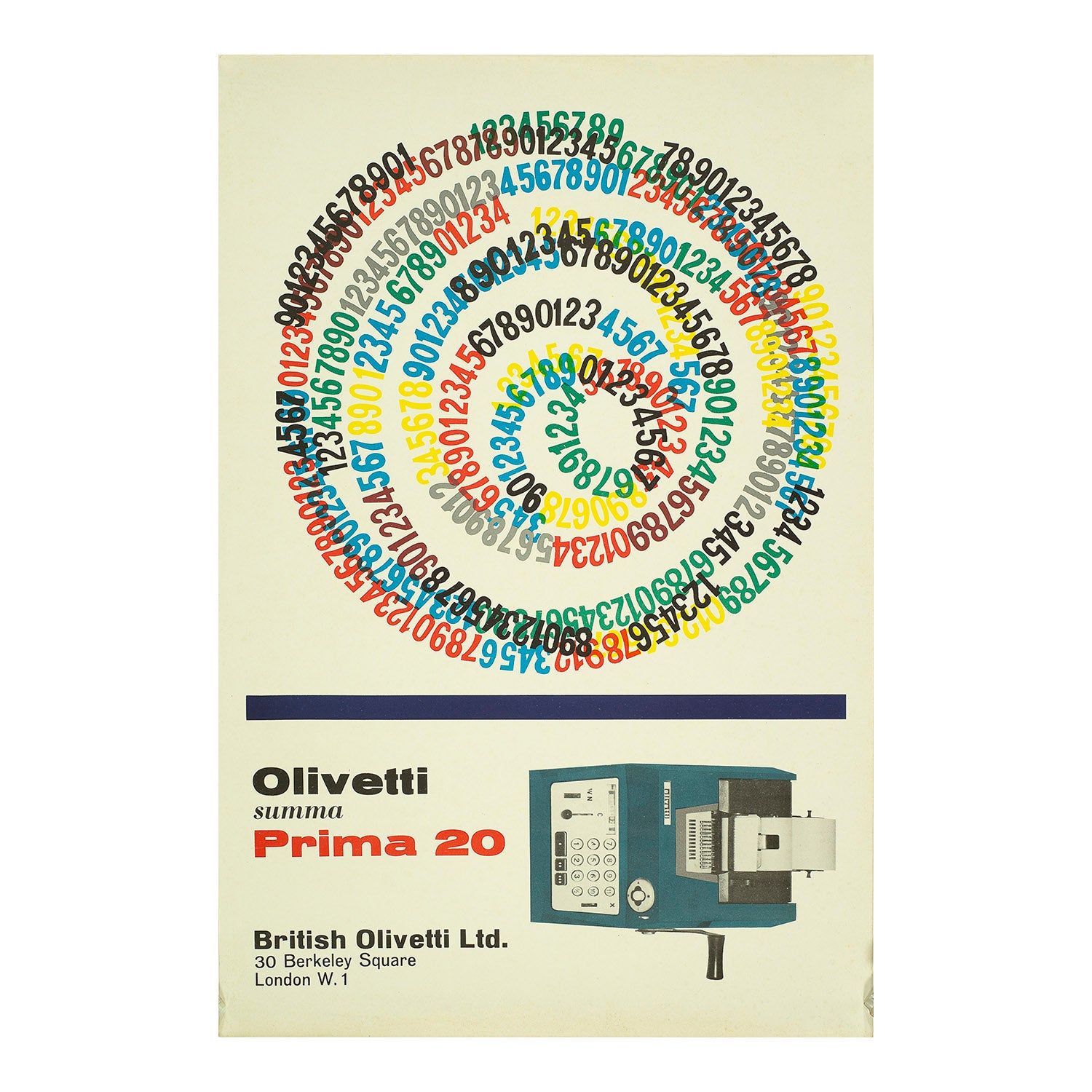 poster for Olivetti by the Italian graphic designer, Giovanni Pintori, 1960. The poster promotes the Olivetti manual adding machine, Prima 20, below a spiral of colourful numerals