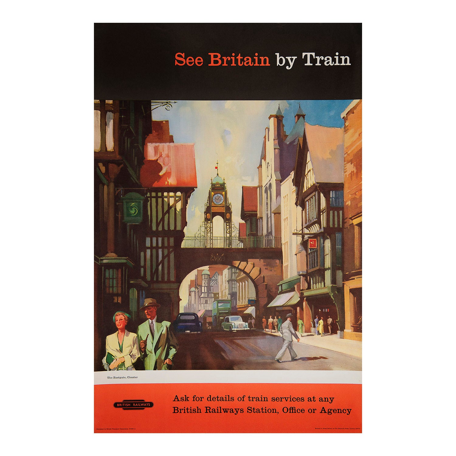original 1950s British Transport Commission poster promoting rail trips to Chester. The design features the famous Eastgate Clock with shoppers and day-trippers.