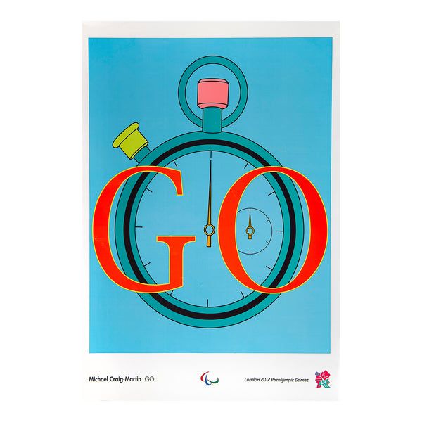 Original, official, London 2012 Paralympic Games poster designed by the Irish-born contemporary conceptual artist and painter Sir Michael Craig-Martin. The design combines the command ‘Go’ with a stopwatch to convey a sense of immediacy and anticipation
