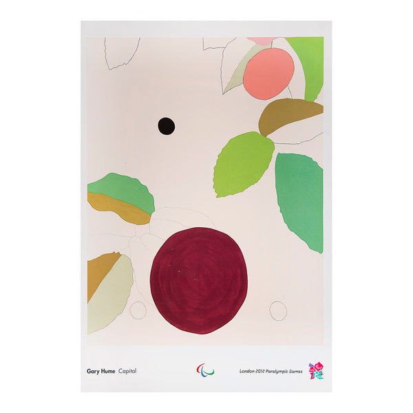 Original, official, London 2012 Paralympic Games poster, Capital, designed by the British contemporary artist Gary Hume. The design features an abstract design, with a large circle in the foreground representing the wheel of a wheelchair and a smaller circle for a tennis ball