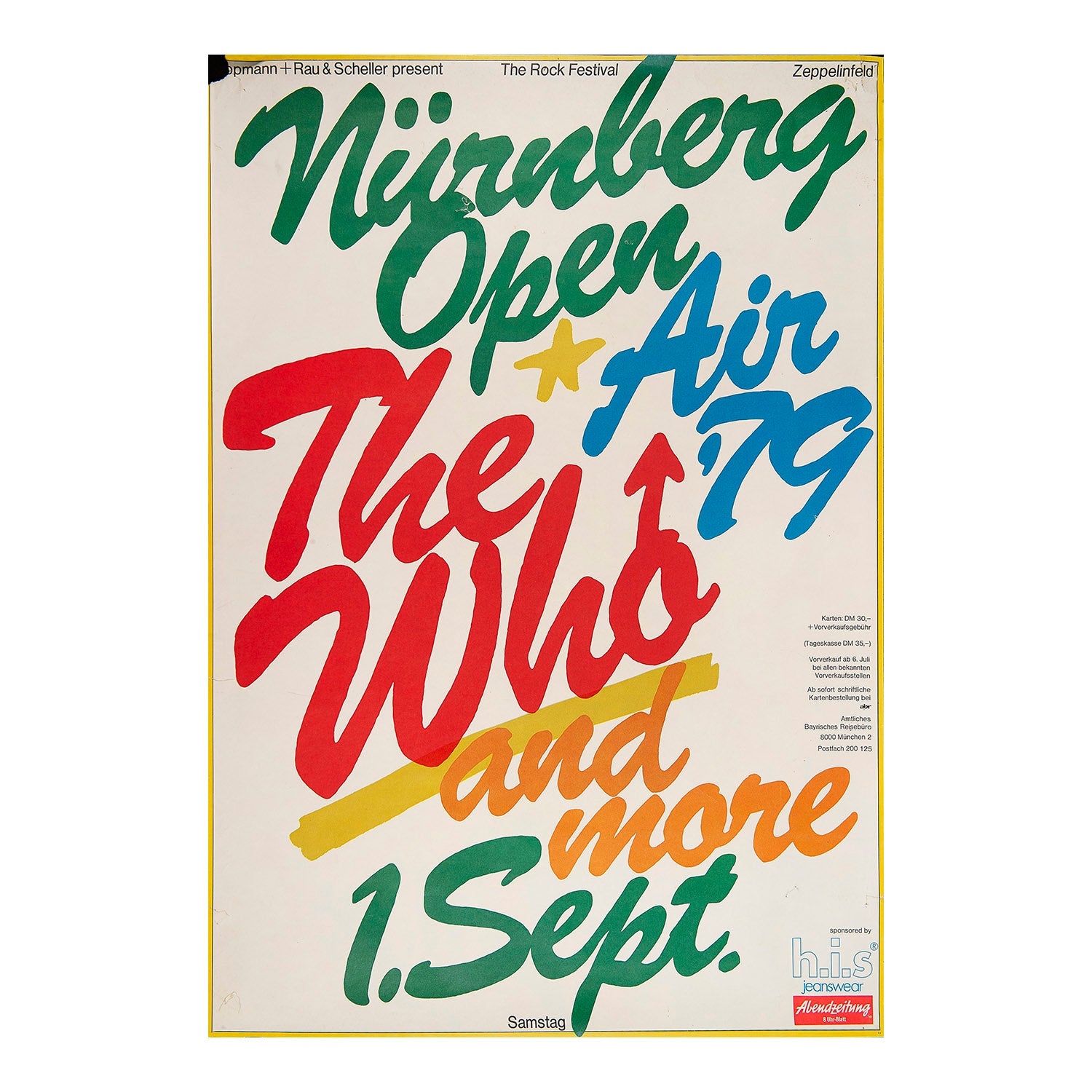 An original music festival poster, Open Air '79, Nürnberg, The Who and more, Zeppelinfeld, Nurremberg, 1979.